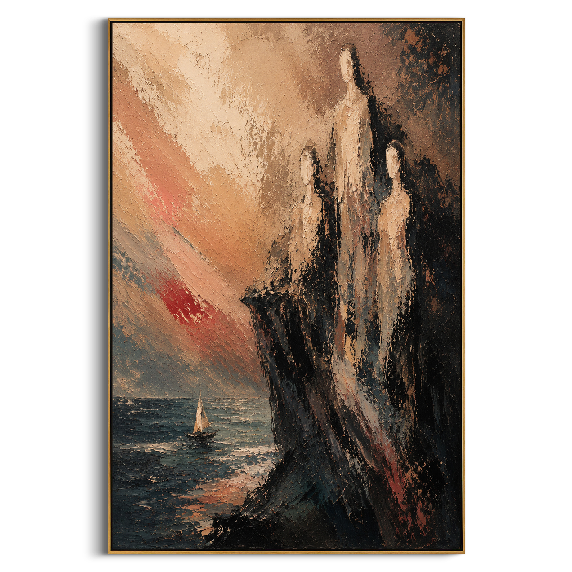 "Sirens Watching The Odyssey Sea" places three tall shadowed figures on a cliff above a small sail, evoking the Sirens as the ship passes through rose-lit water. The forms rise like voices made visible, pulling at the horizon while the boat holds its course. Thick black, blush and blue palette-knife strokes give the cliff a restless, dangerous beauty. The work brings the seduction and peril of the Odyssey sea into a vertical statement piece for living rooms, bedrooms and coastal interiors