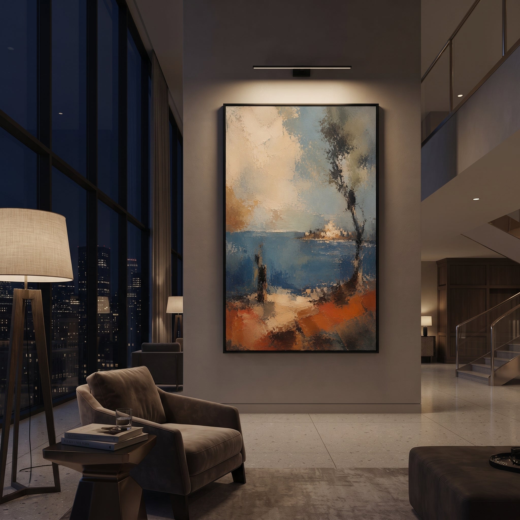 "Ithaca Shore Homecoming" reads as the first sight of land after years at sea: white island buildings gleam beyond blue water, a dark tree leans into the wind, and warm terracotta earth opens like a landing place. The image turns homecoming into atmosphere rather than portrait, letting the viewer feel the relief and uncertainty of return. Raised blue, beige and orange impasto gives the shore sun, salt and age. This vertical canvas suits bright living rooms, hallways and vacation homes, blending