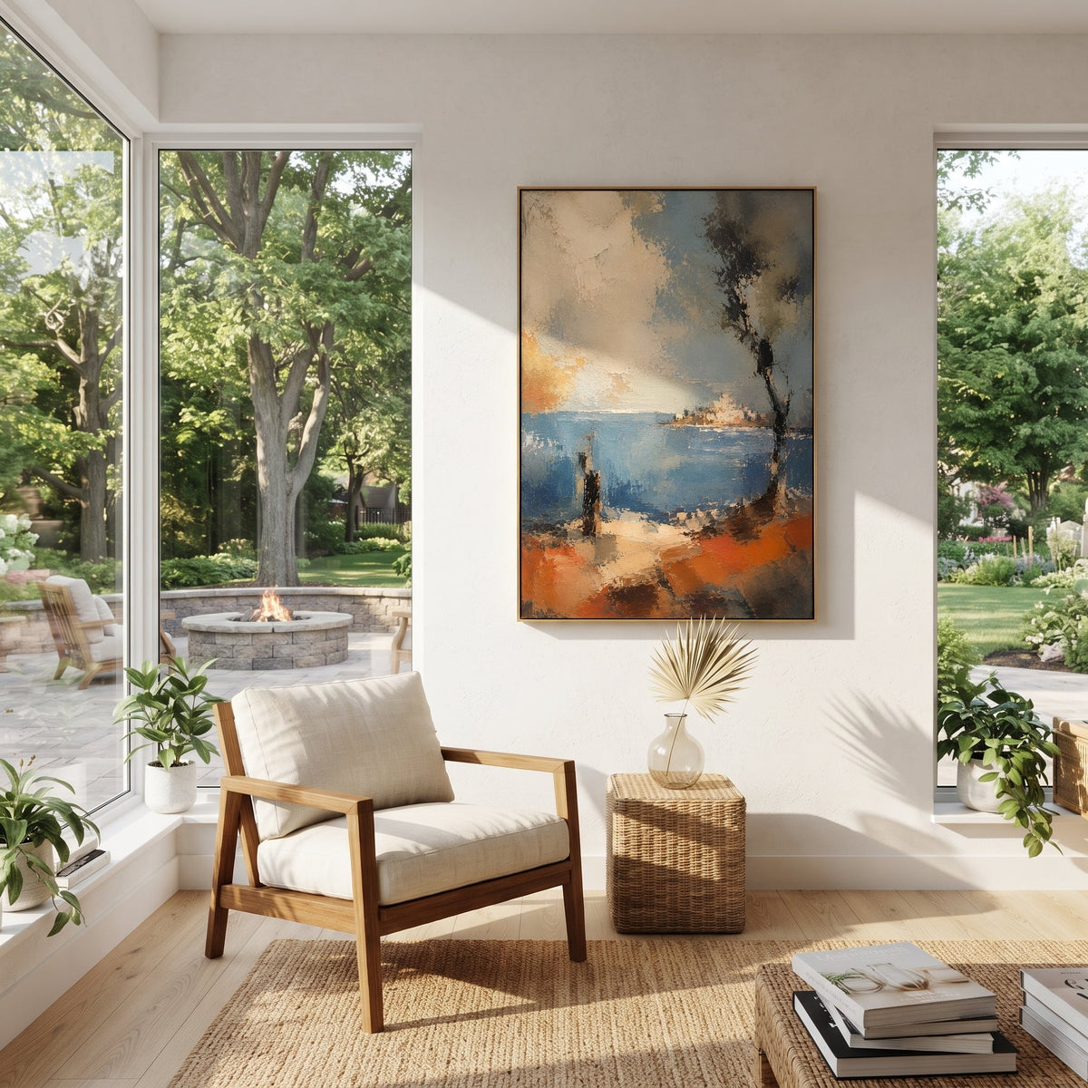 "Ithaca Shore Homecoming" reads as the first sight of land after years at sea: white island buildings gleam beyond blue water, a dark tree leans into the wind, and warm terracotta earth opens like a landing place. The image turns homecoming into atmosphere rather than portrait, letting the viewer feel the relief and uncertainty of return. Raised blue, beige and orange impasto gives the shore sun, salt and age. This vertical canvas suits bright living rooms, hallways and vacation homes, blending