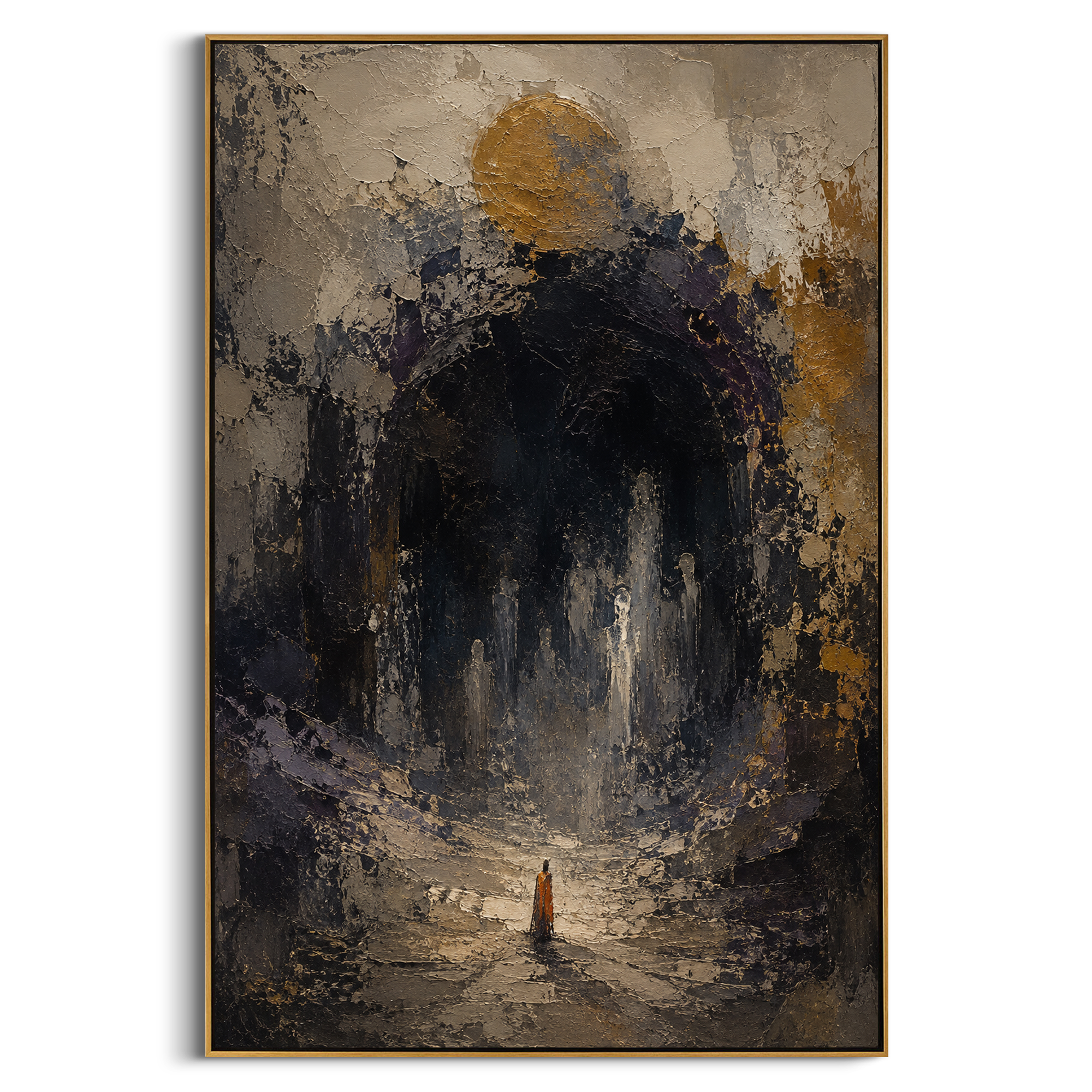 "Odysseus At Hades Gate" stages a lone orange-robed figure before a black monumental arch, surrounded by ghostly marks and a muted golden moon. The scene recalls the hero descent to the underworld, where he seeks prophecy among the dead before continuing home. Heavy black, grey and ochre plaster gives the doorway ancient weight, making the entrance feel sacred and dangerous. This vertical work brings solemn mythic depth to studies, libraries, bedrooms and entryways, translating the Hades episode