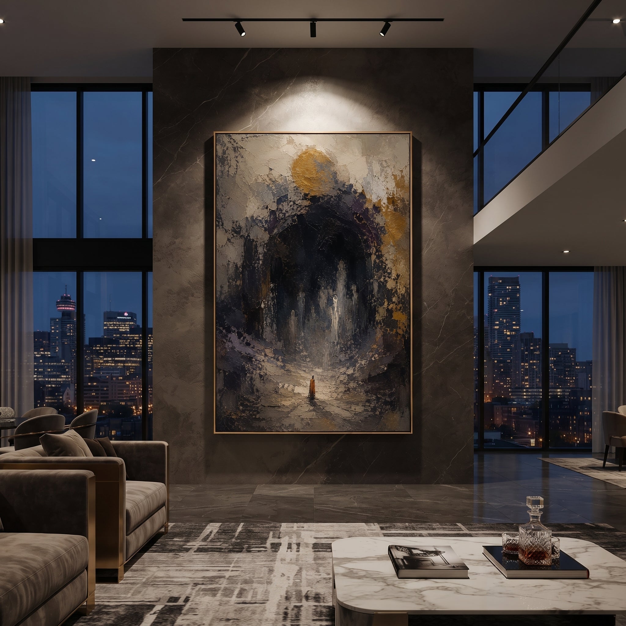 "Odysseus At Hades Gate" stages a lone orange-robed figure before a black monumental arch, surrounded by ghostly marks and a muted golden moon. The scene recalls the hero descent to the underworld, where he seeks prophecy among the dead before continuing home. Heavy black, grey and ochre plaster gives the doorway ancient weight, making the entrance feel sacred and dangerous. This vertical work brings solemn mythic depth to studies, libraries, bedrooms and entryways, translating the Hades episode