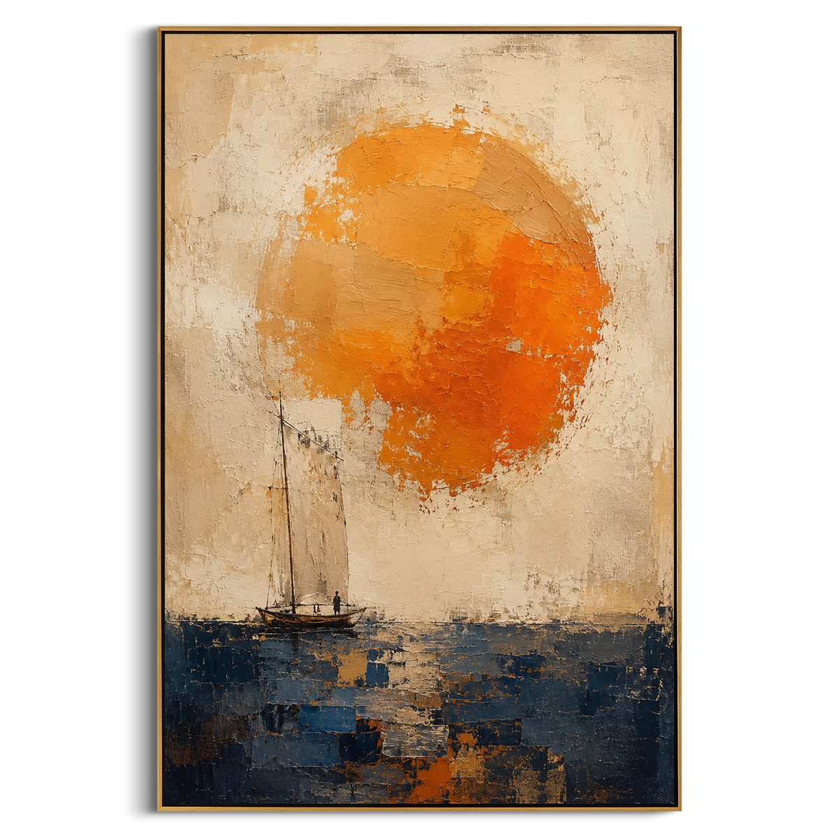 "Odysseus Sail Under Helios Sun" reduces the voyage to a small boat beneath an overwhelming orange sun, recalling the dangerous waters watched by Helios and the fragile discipline demanded of the crew. The simple sail sits against blue sea and pale plaster sky, making the journey feel both hopeful and exposed. Thick texture lets the sun glow like command, warning and destination at once. This vertical canvas brings warm Homeric seascape energy to minimalist rooms, coastal interiors and vacation