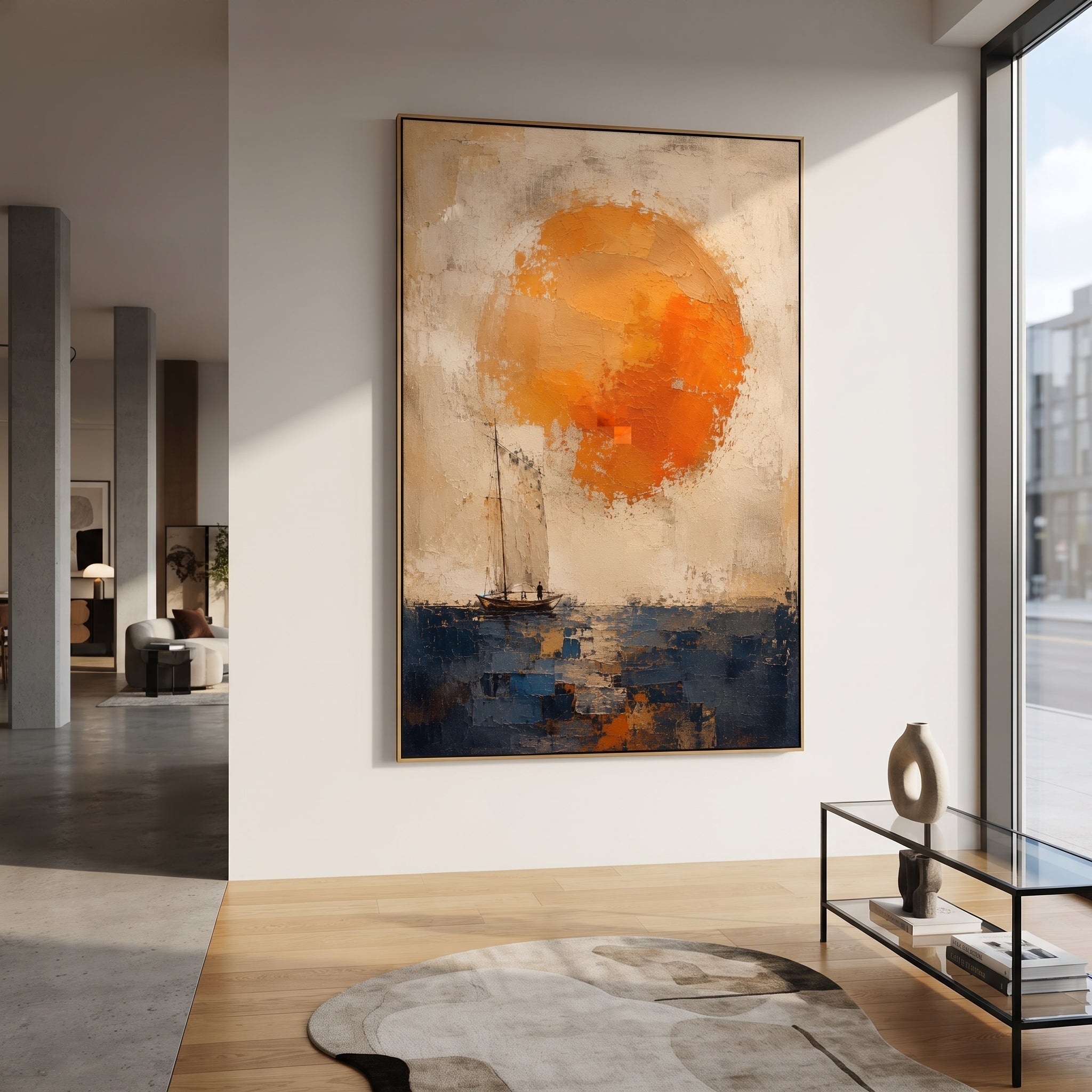 "Odysseus Sail Under Helios Sun" reduces the voyage to a small boat beneath an overwhelming orange sun, recalling the dangerous waters watched by Helios and the fragile discipline demanded of the crew. The simple sail sits against blue sea and pale plaster sky, making the journey feel both hopeful and exposed. Thick texture lets the sun glow like command, warning and destination at once. This vertical canvas brings warm Homeric seascape energy to minimalist rooms, coastal interiors and vacation