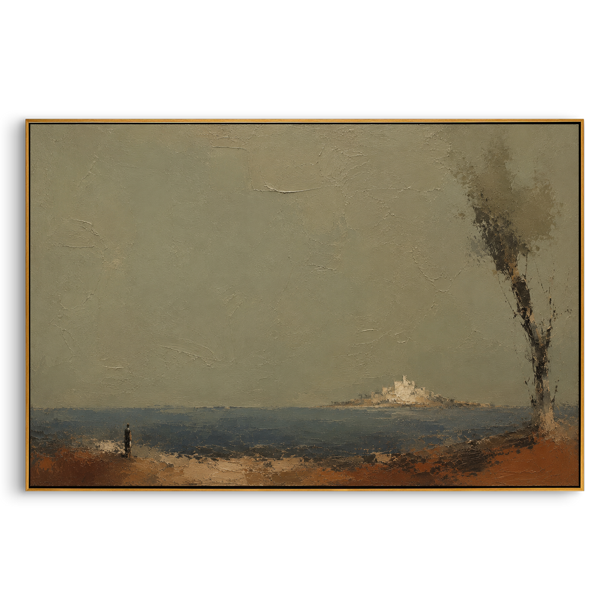 "Ithaca Seen From The Sea" stretches a muted island shore beneath a washed green-blue sky, with a lone figure and sparse tree suggesting the moment land is recognized after long wandering. The scene is quiet, but the story is full: distance, disguise, patience and the uncertain return of Odysseus. Scraped plaster texture in green, blue and brown makes the coast feel aged by wind and salt. Its horizontal layout works above sofas, beds and consoles, bringing calm Homeric homecoming atmosphere to