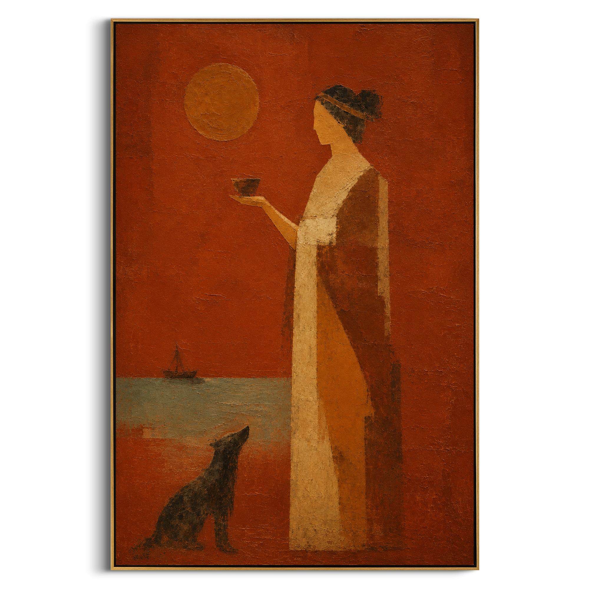 "Penelope And Argos Waiting" gathers a classical woman and dark hound beneath an orange sun, turning the canvas toward the emotional center of the Odyssey: waiting at home while the sea keeps the hero away. The woman holding a bowl feels ceremonial and patient; the dog beside her recalls Argos, the loyal witness to return. Warm orange, beige and brown impasto softens the myth into intimate domestic symbolism. This vertical work suits bedrooms, dining rooms and reading corners, bringing loyalty