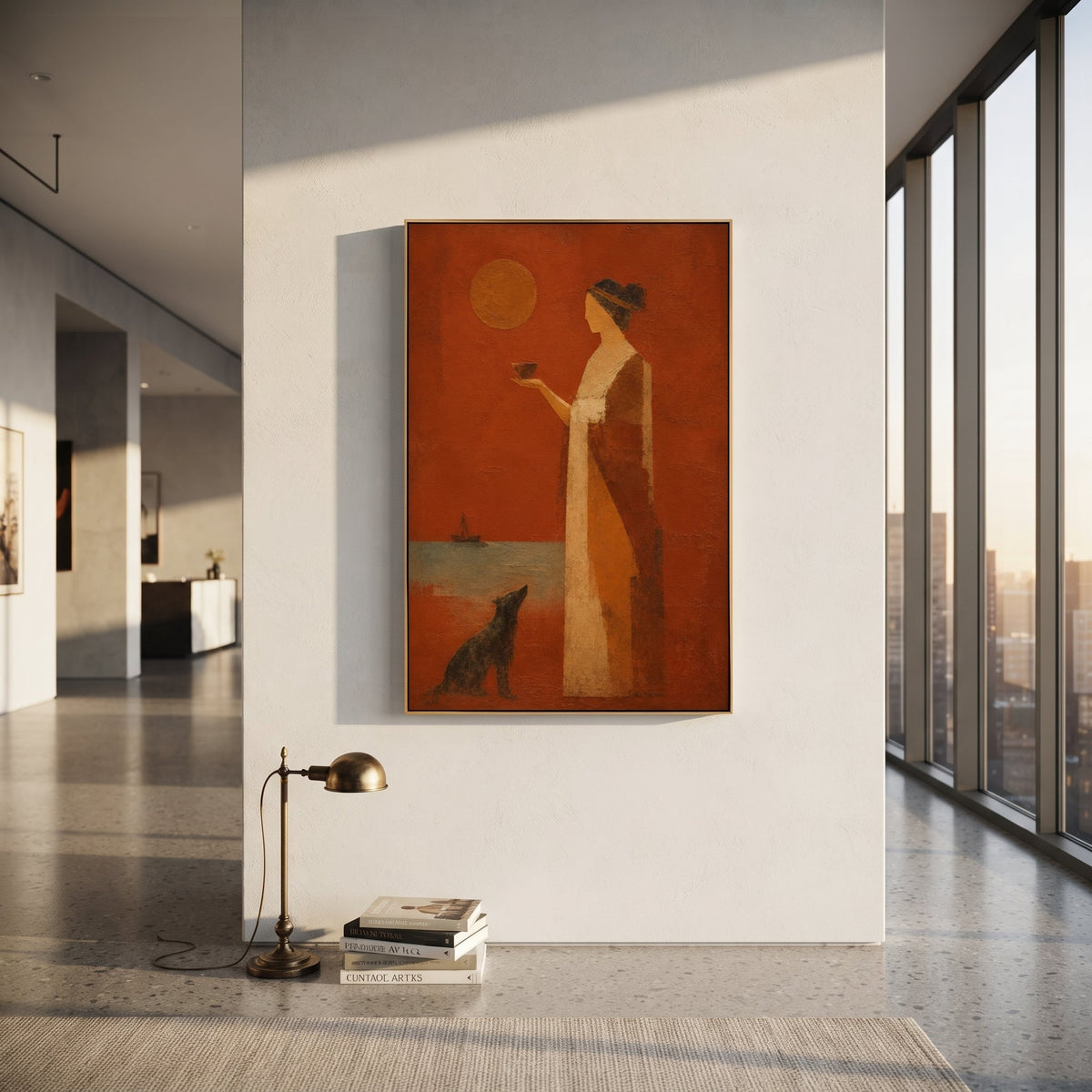 "Penelope And Argos Waiting" gathers a classical woman and dark hound beneath an orange sun, turning the canvas toward the emotional center of the Odyssey: waiting at home while the sea keeps the hero away. The woman holding a bowl feels ceremonial and patient; the dog beside her recalls Argos, the loyal witness to return. Warm orange, beige and brown impasto softens the myth into intimate domestic symbolism. This vertical work suits bedrooms, dining rooms and reading corners, bringing loyalty