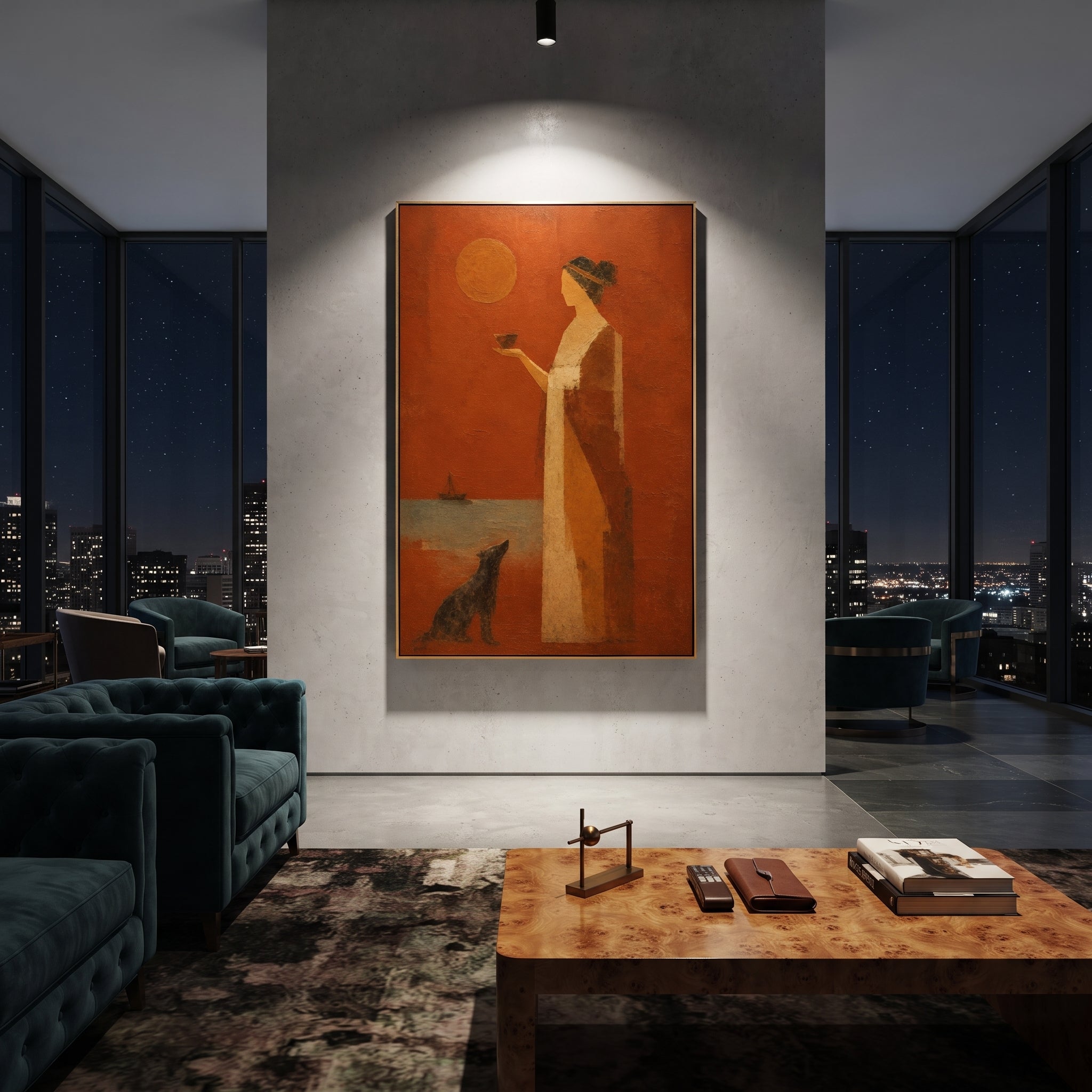 "Penelope And Argos Waiting" gathers a classical woman and dark hound beneath an orange sun, turning the canvas toward the emotional center of the Odyssey: waiting at home while the sea keeps the hero away. The woman holding a bowl feels ceremonial and patient; the dog beside her recalls Argos, the loyal witness to return. Warm orange, beige and brown impasto softens the myth into intimate domestic symbolism. This vertical work suits bedrooms, dining rooms and reading corners, bringing loyalty