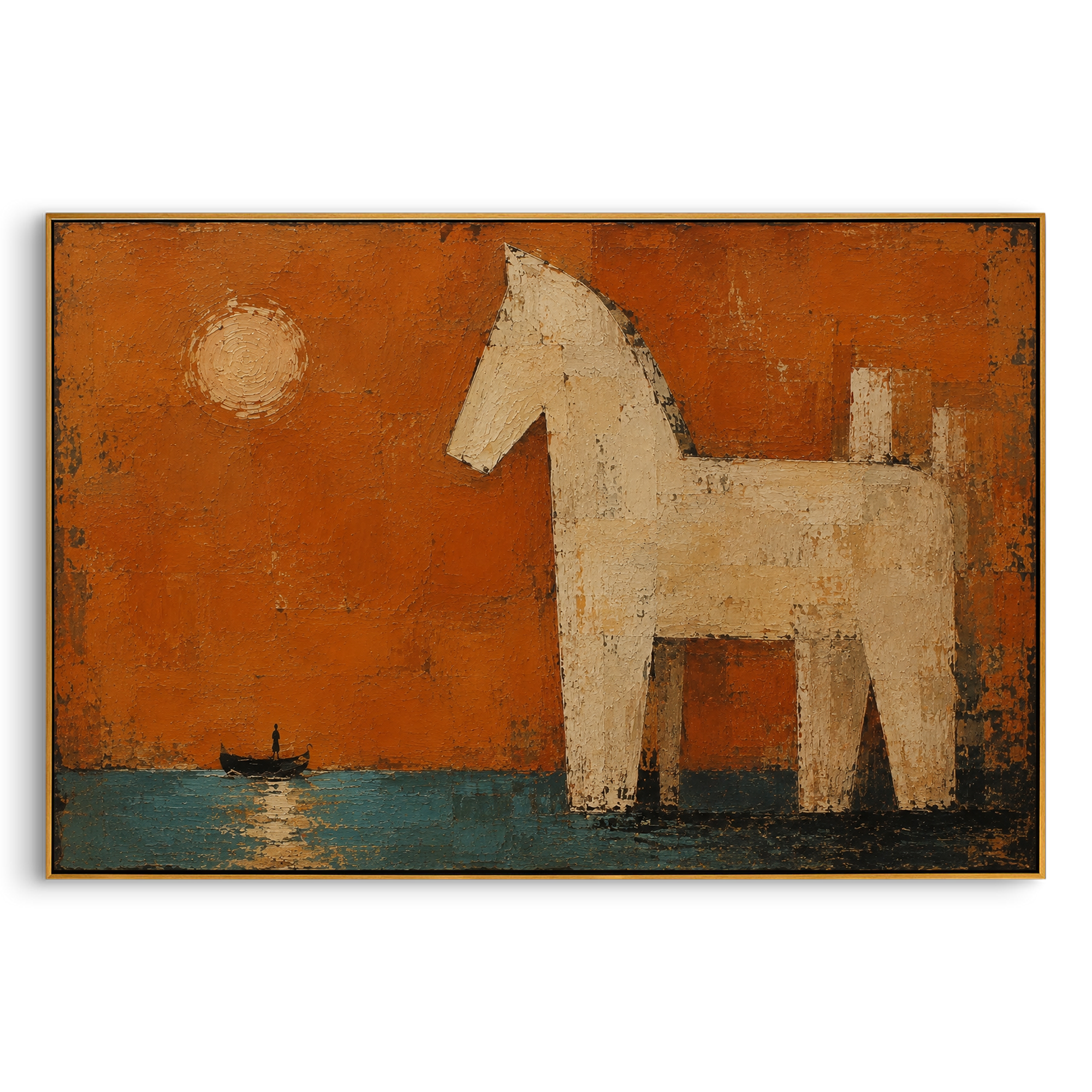 "Trojan Horse Before The Voyage" presents the white horse across a burnt-orange harbor, with moonlight, teal water and a tiny boat marking the passage from victory to wandering. The horse is a triumph, but also the beginning of exile, because Odysseus long journey home starts after Troy falls. Thick palette-knife paint makes the monument feel salt-worn and legendary. Its wide horizontal format creates a cinematic myth panel for living rooms, dining spaces and hospitality interiors, blending