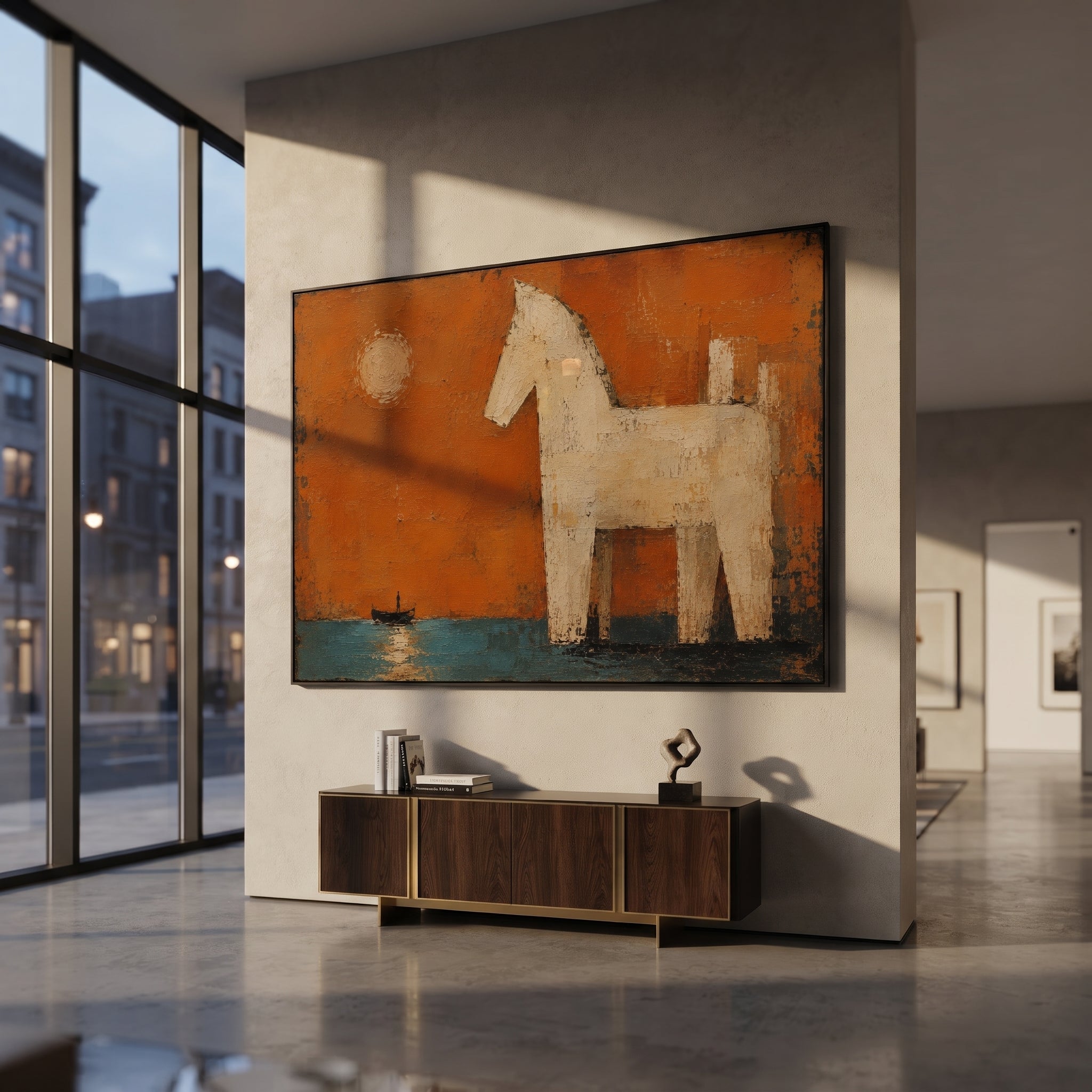 "Trojan Horse Before The Voyage" presents the white horse across a burnt-orange harbor, with moonlight, teal water and a tiny boat marking the passage from victory to wandering. The horse is a triumph, but also the beginning of exile, because Odysseus long journey home starts after Troy falls. Thick palette-knife paint makes the monument feel salt-worn and legendary. Its wide horizontal format creates a cinematic myth panel for living rooms, dining spaces and hospitality interiors, blending