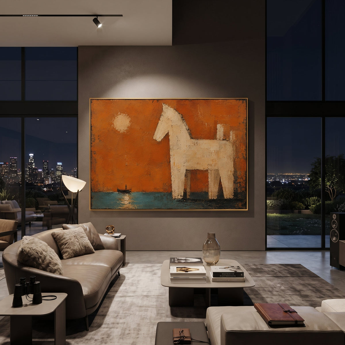 "Trojan Horse Before The Voyage" presents the white horse across a burnt-orange harbor, with moonlight, teal water and a tiny boat marking the passage from victory to wandering. The horse is a triumph, but also the beginning of exile, because Odysseus long journey home starts after Troy falls. Thick palette-knife paint makes the monument feel salt-worn and legendary. Its wide horizontal format creates a cinematic myth panel for living rooms, dining spaces and hospitality interiors, blending