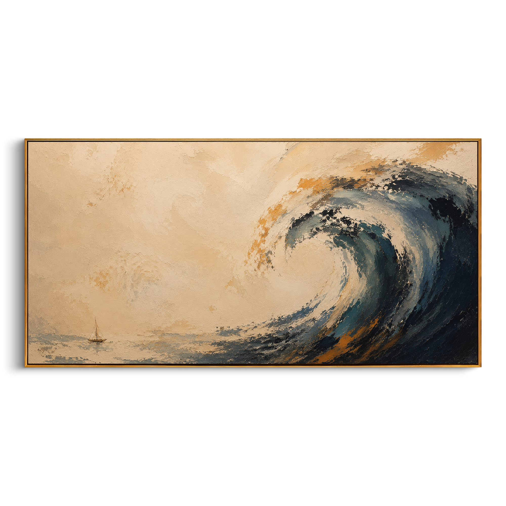 "Poseidon Wave Odyssey" turns the sea into Poseidon anger, raising a curling blue wave against a pale golden horizon while a tiny sail survives at the edge of the storm. Sculptural impasto builds the crest like force made physical, with scraped foam and deep blue shadow suggesting the god who keeps Odysseus from home. The panoramic layout gives the wave breadth and authority. This coastal work brings dramatic Homeric motion to living rooms, offices and vacation homes, pairing mythic seascape