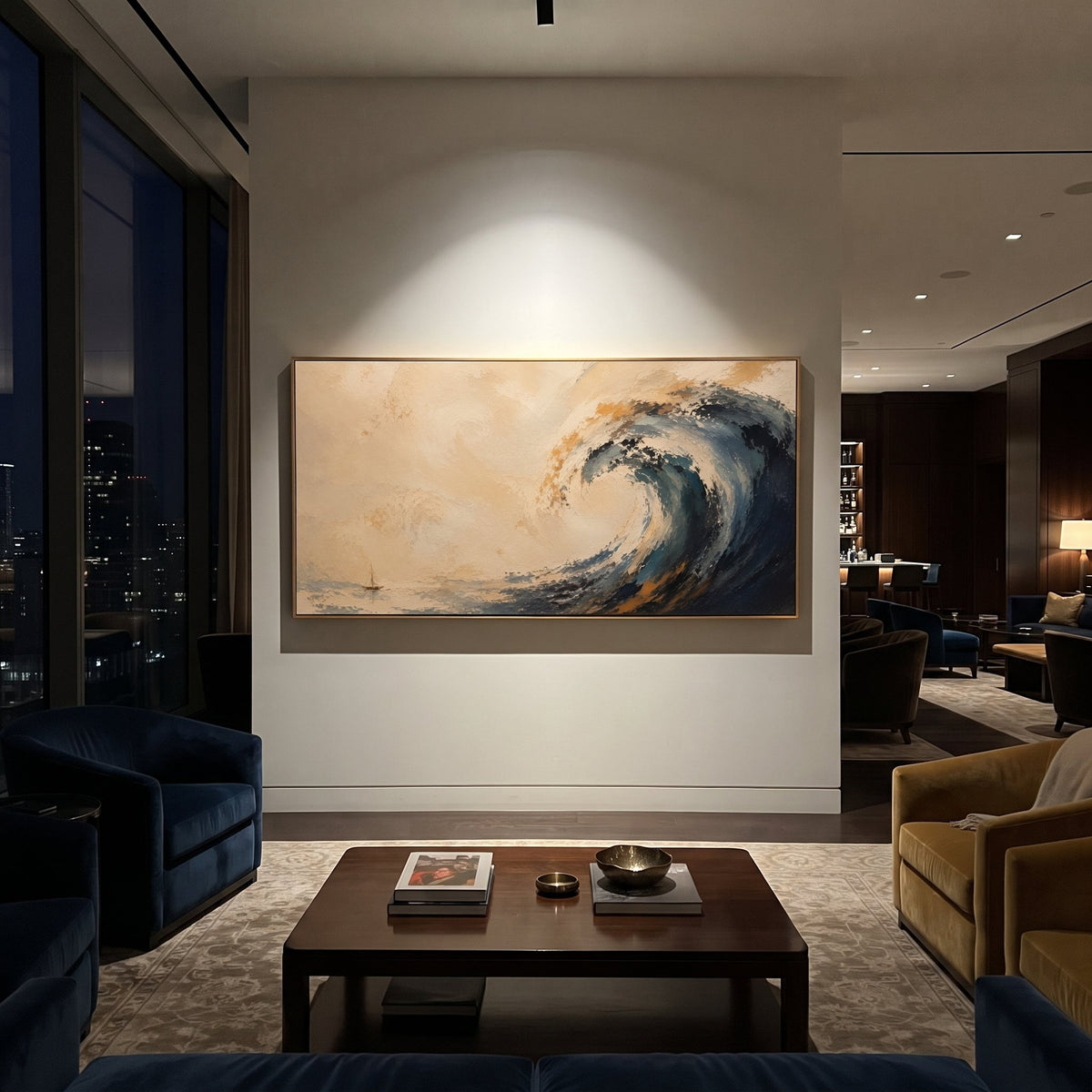 "Poseidon Wave Odyssey" turns the sea into Poseidon anger, raising a curling blue wave against a pale golden horizon while a tiny sail survives at the edge of the storm. Sculptural impasto builds the crest like force made physical, with scraped foam and deep blue shadow suggesting the god who keeps Odysseus from home. The panoramic layout gives the wave breadth and authority. This coastal work brings dramatic Homeric motion to living rooms, offices and vacation homes, pairing mythic seascape