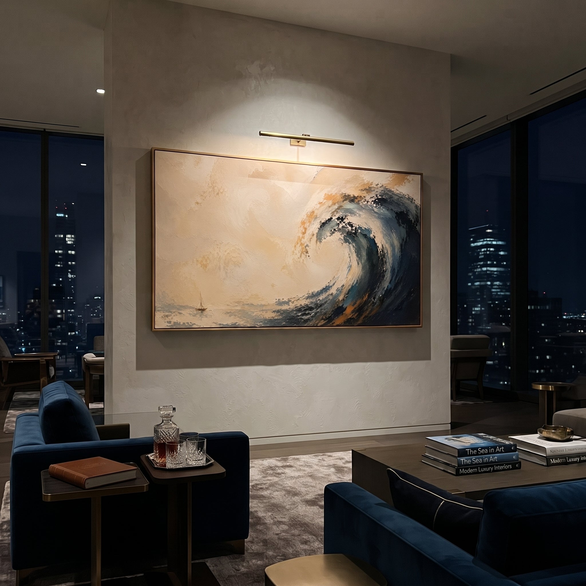 "Poseidon Wave Odyssey" turns the sea into Poseidon anger, raising a curling blue wave against a pale golden horizon while a tiny sail survives at the edge of the storm. Sculptural impasto builds the crest like force made physical, with scraped foam and deep blue shadow suggesting the god who keeps Odysseus from home. The panoramic layout gives the wave breadth and authority. This coastal work brings dramatic Homeric motion to living rooms, offices and vacation homes, pairing mythic seascape
