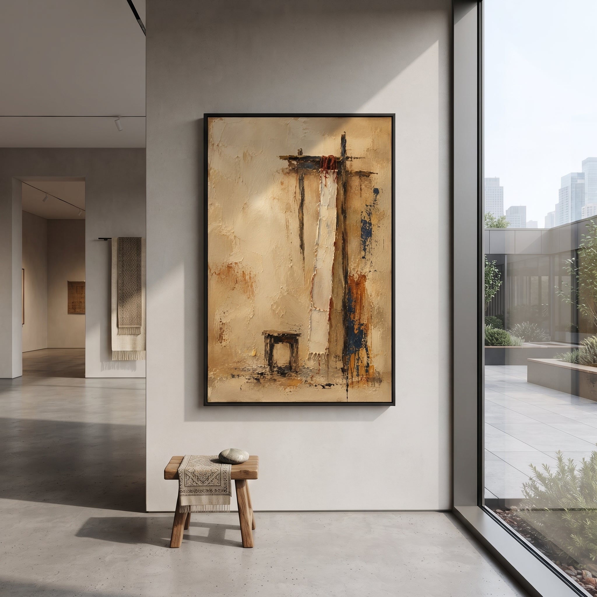 "Penelope Weaving Room" transforms suspended cloth, thin vertical marks and a small chair-like form into the quiet room of Penelope loom. The image suggests the famous weaving and unweaving, where patience becomes strategy and domestic space becomes a battlefield of time. Beige plaster, brown marks and blue-black accents create a weathered interior surface full of restraint. This vertical canvas brings contemplative Odyssey storytelling to bedrooms, studies and minimalist interiors, honoring