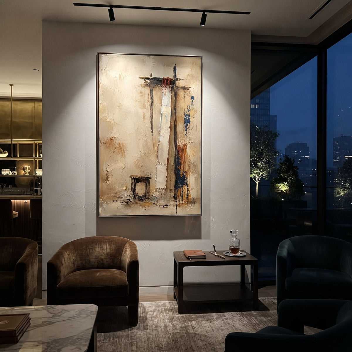 "Penelope Weaving Room" transforms suspended cloth, thin vertical marks and a small chair-like form into the quiet room of Penelope loom. The image suggests the famous weaving and unweaving, where patience becomes strategy and domestic space becomes a battlefield of time. Beige plaster, brown marks and blue-black accents create a weathered interior surface full of restraint. This vertical canvas brings contemplative Odyssey storytelling to bedrooms, studies and minimalist interiors, honoring