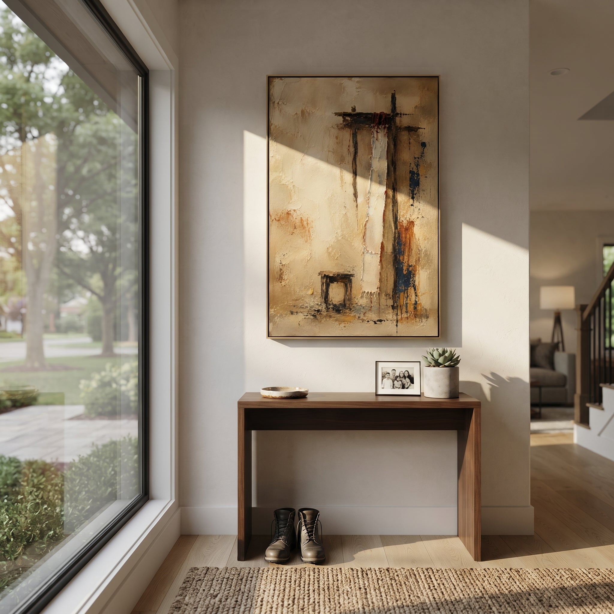 "Penelope Weaving Room" transforms suspended cloth, thin vertical marks and a small chair-like form into the quiet room of Penelope loom. The image suggests the famous weaving and unweaving, where patience becomes strategy and domestic space becomes a battlefield of time. Beige plaster, brown marks and blue-black accents create a weathered interior surface full of restraint. This vertical canvas brings contemplative Odyssey storytelling to bedrooms, studies and minimalist interiors, honoring