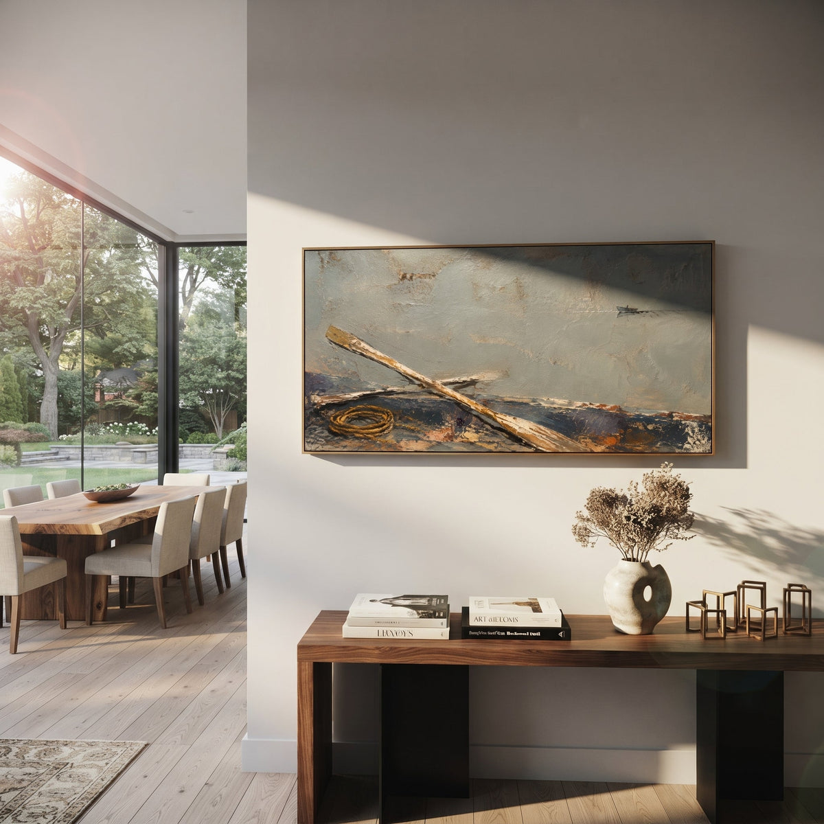 "Oars After Poseidon Storm" strips the voyage down to crossed oars, rope and a low blue-grey horizon, as if the ship has just survived the god sea. The tools lie still, but they carry exhaustion, salt and the labor of return. Raised impasto gives wood, water and air a rough tactile memory. This panoramic work is ideal above sofas, beds and dining tables, bringing understated Odyssey seafaring symbolism to coastal, minimalist and wabi-sabi interiors.
