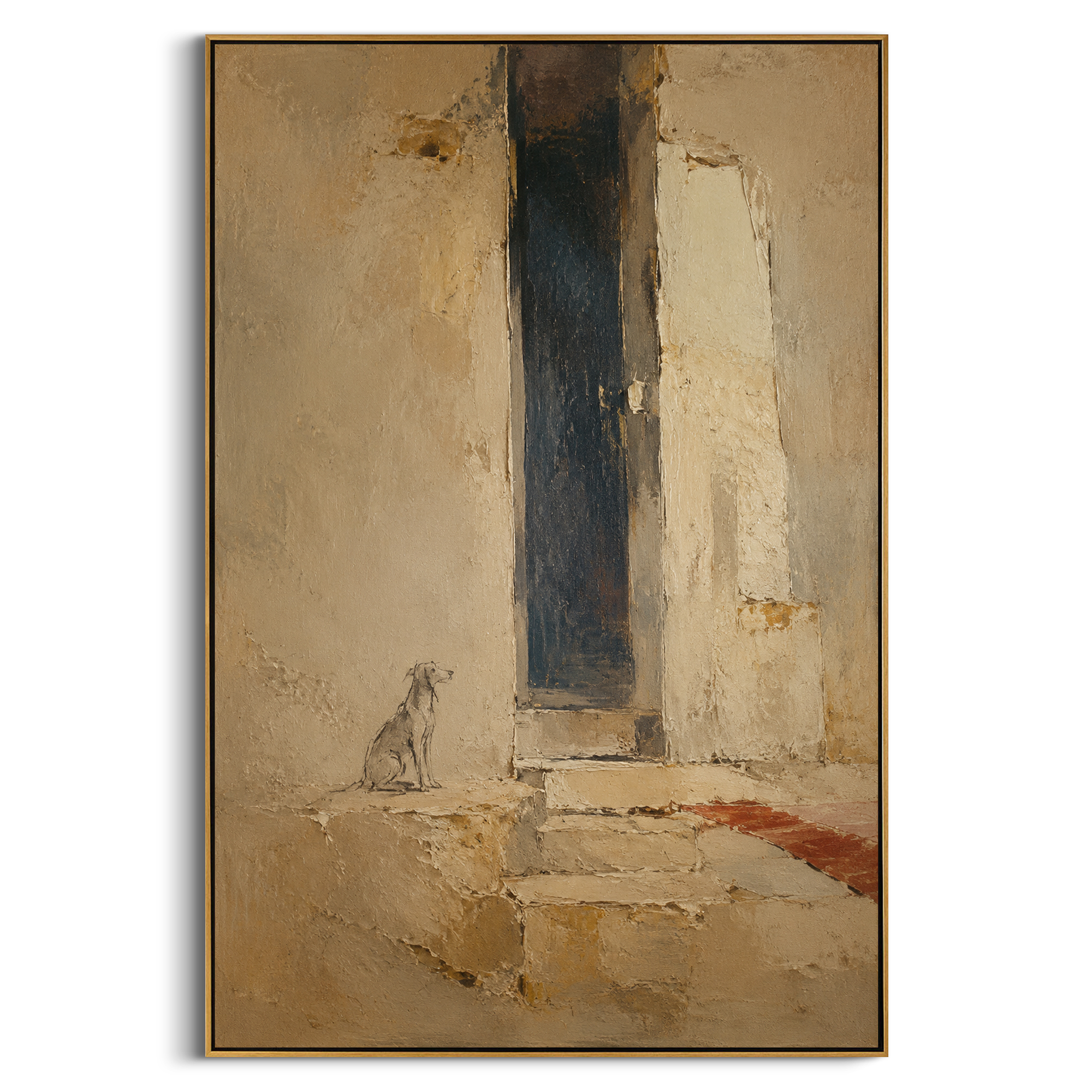 "Argos At Ithaca Door" imagines the loyal dog waiting near a sun-worn doorway, with pale cloth and stone steps turning the scene into a quiet Ithaca threshold. In the Odyssey, recognition is not always grand; sometimes it lives in the patient animal who remembers the master before others do. Beige, grey and brown plaster texture gives the entrance a tender aged warmth. This vertical canvas brings loyalty, homecoming and Mediterranean architecture to bedrooms, entryways and calm living spaces.