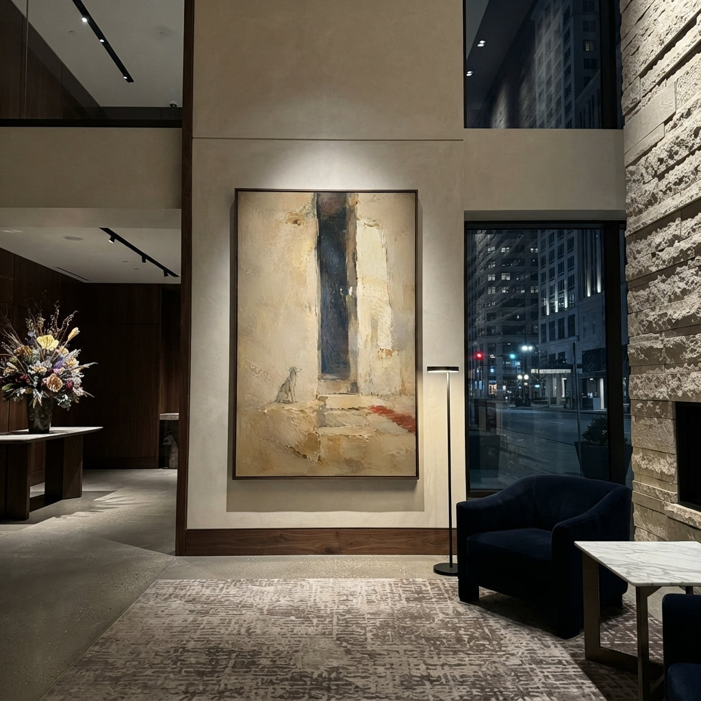 "Argos At Ithaca Door" imagines the loyal dog waiting near a sun-worn doorway, with pale cloth and stone steps turning the scene into a quiet Ithaca threshold. In the Odyssey, recognition is not always grand; sometimes it lives in the patient animal who remembers the master before others do. Beige, grey and brown plaster texture gives the entrance a tender aged warmth. This vertical canvas brings loyalty, homecoming and Mediterranean architecture to bedrooms, entryways and calm living spaces.