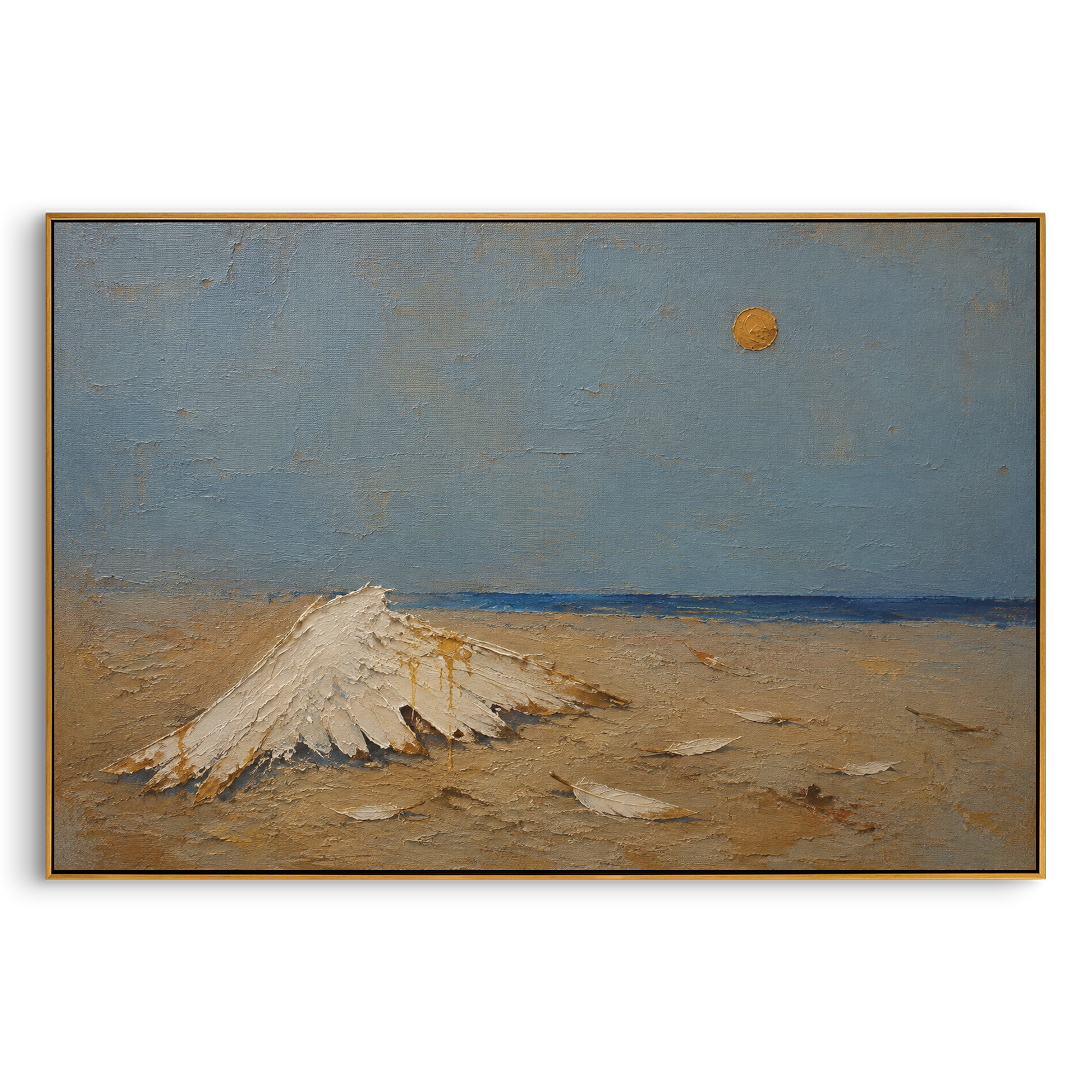 "Washed Ashore Wing Of Hermes" shows a pale wing-like form lying on a sparse beach, recalling divine messages, rescue and the strange signs that guide Odysseus through the sea. The image feels like the aftermath of intervention: no god appears, only a feathered trace under blue sky and small golden sun. Raised beige and blue texture gives the shore quiet symbolic weight. This horizontal canvas brings poetic mythic calm to coastal living rooms, bedrooms and gallery walls.