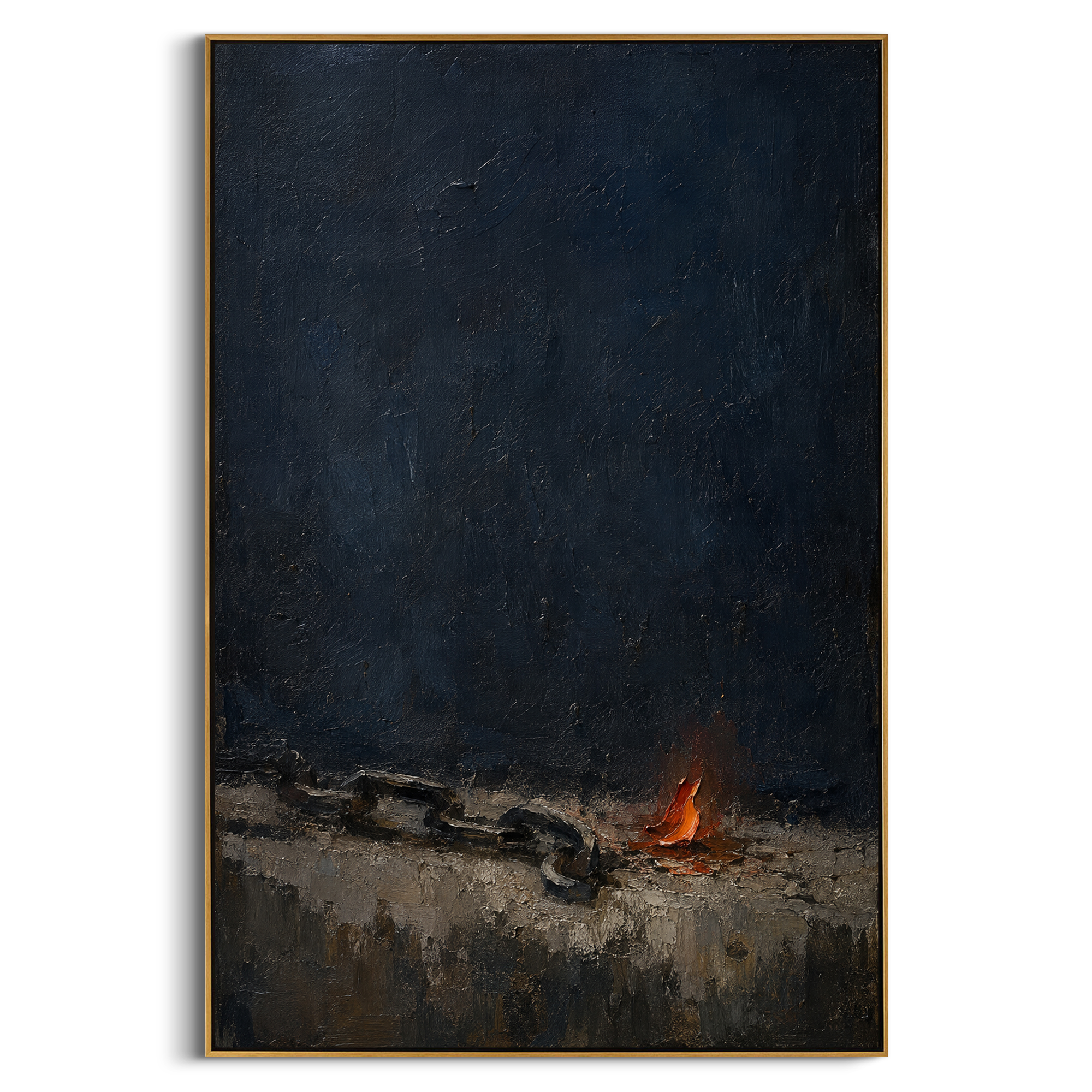 "Prometheus Fire And Chain" reaches beyond Odysseus into Greek mythic punishment, showing a heavy chain and small orange fire against dark blue-black ground. Within the Odyssey mood, it reads as a symbol of trial, endurance and the cost of defying gods. Dense impasto shadow and ember-like strokes create a nocturnal shore where suffering becomes image. This vertical work brings powerful classical drama to studies, lounges and modern interiors that need depth and contrast.