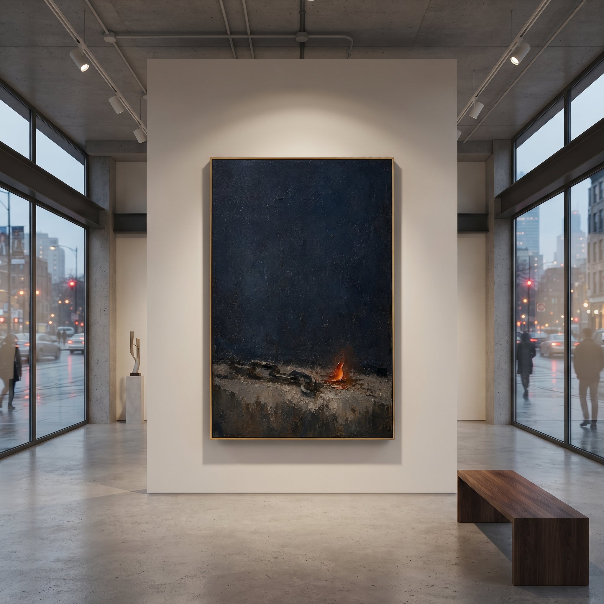"Prometheus Fire And Chain" reaches beyond Odysseus into Greek mythic punishment, showing a heavy chain and small orange fire against dark blue-black ground. Within the Odyssey mood, it reads as a symbol of trial, endurance and the cost of defying gods. Dense impasto shadow and ember-like strokes create a nocturnal shore where suffering becomes image. This vertical work brings powerful classical drama to studies, lounges and modern interiors that need depth and contrast.