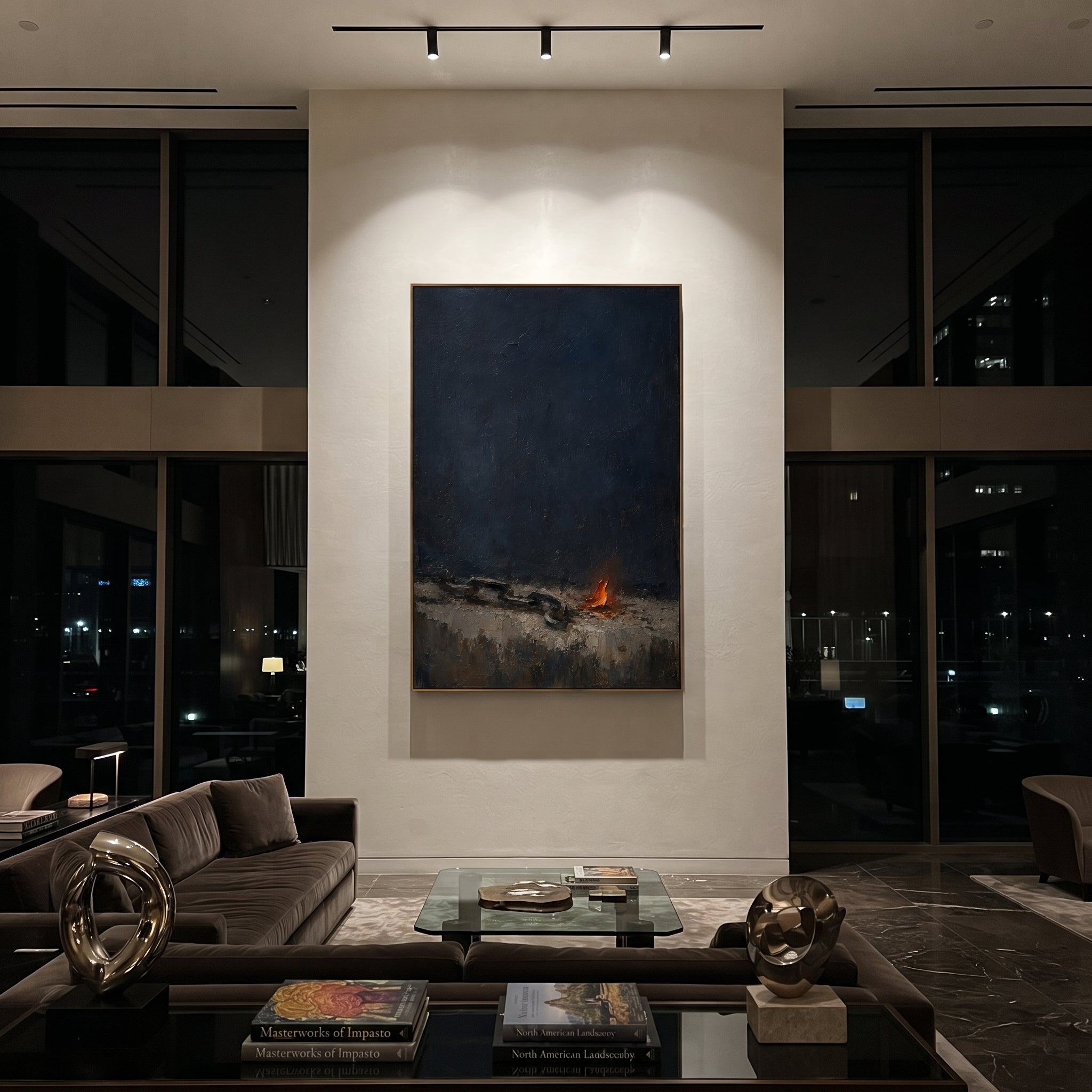 "Prometheus Fire And Chain" reaches beyond Odysseus into Greek mythic punishment, showing a heavy chain and small orange fire against dark blue-black ground. Within the Odyssey mood, it reads as a symbol of trial, endurance and the cost of defying gods. Dense impasto shadow and ember-like strokes create a nocturnal shore where suffering becomes image. This vertical work brings powerful classical drama to studies, lounges and modern interiors that need depth and contrast.