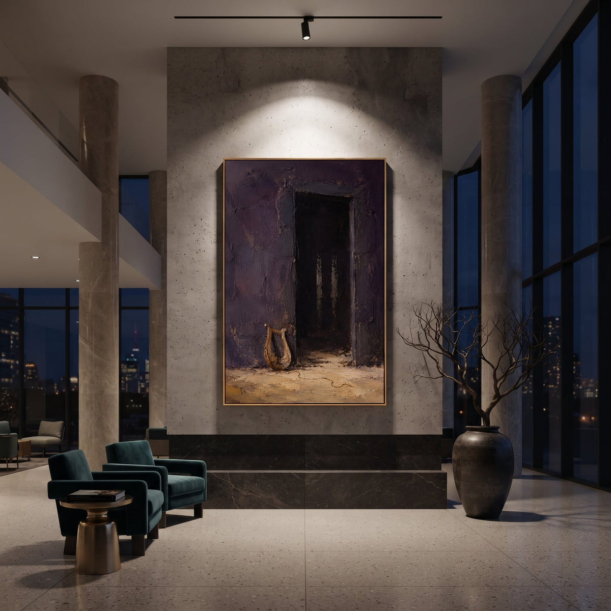 "Phemius Lyre At The Dark Hall" places a small lyre before a black doorway, recalling the bard in Odysseus hall who sings while the suitors consume the house. The instrument waits in purple and golden shadow, carrying song, fear and memory before recognition arrives. Thick palette-knife texture makes the doorway feel like a stage between silence and revelation. This vertical canvas suits music rooms, studies and intimate interiors, blending Homeric performance with moody Mediterranean