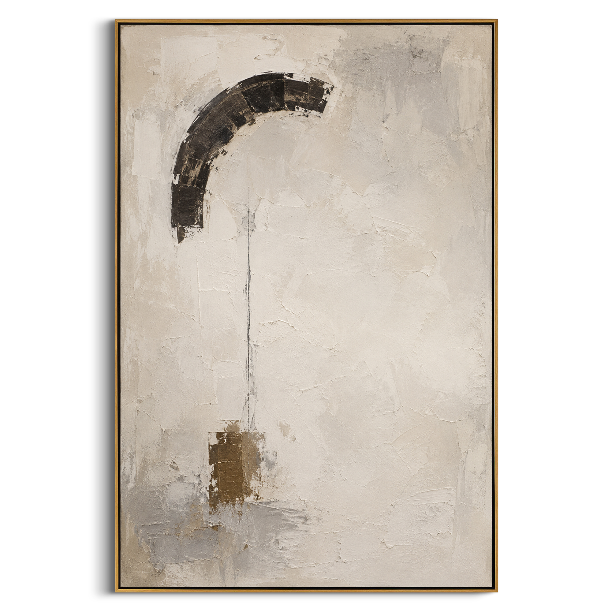"Hermes Message Banner" suspends a dark curved sign over a pale field, with a fine line and small golden weight suggesting the moment a divine message enters the mortal world. The Odyssey is moved by warnings, bargains and interventions, and this abstract banner feels like one of those signs made visible. White, grey and golden impasto creates a quiet ritual surface. This vertical canvas suits serene bedrooms, corridors and studies, adding restrained Homeric symbolism to wabi-sabi interiors.