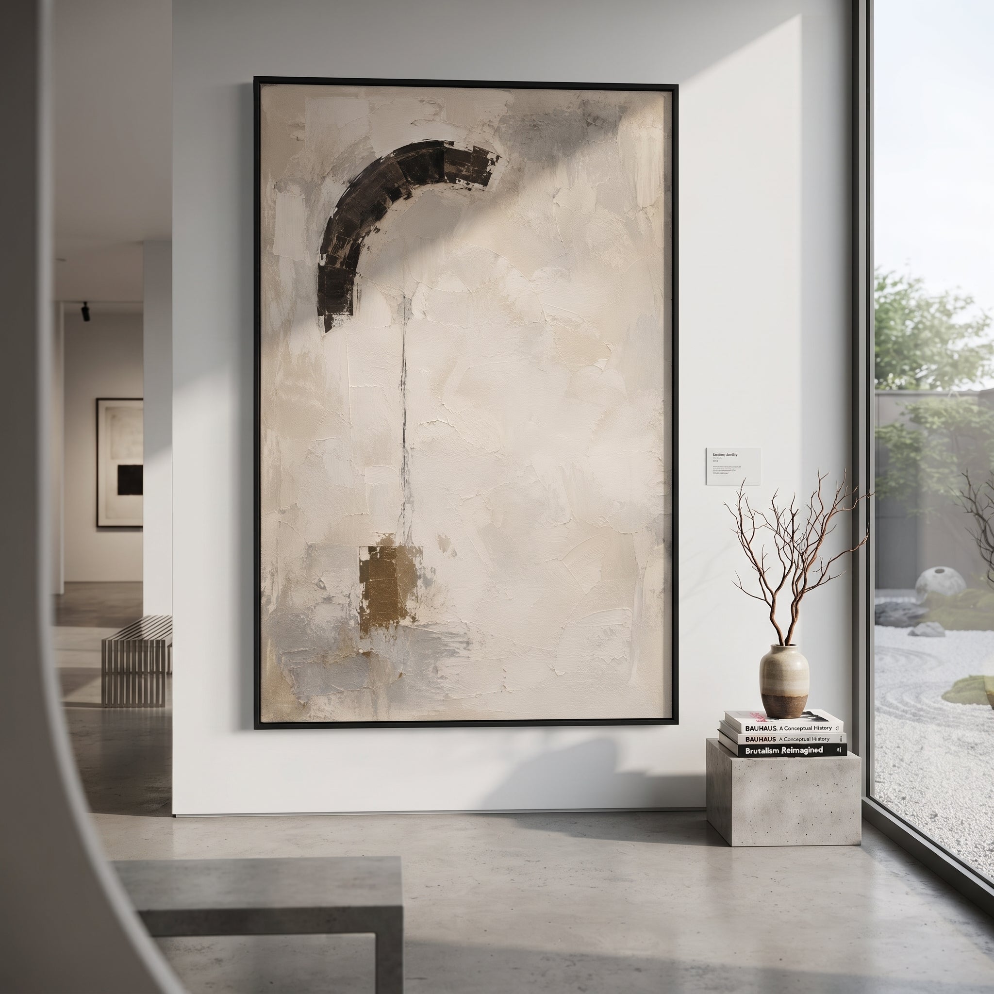 "Hermes Message Banner" suspends a dark curved sign over a pale field, with a fine line and small golden weight suggesting the moment a divine message enters the mortal world. The Odyssey is moved by warnings, bargains and interventions, and this abstract banner feels like one of those signs made visible. White, grey and golden impasto creates a quiet ritual surface. This vertical canvas suits serene bedrooms, corridors and studies, adding restrained Homeric symbolism to wabi-sabi interiors.