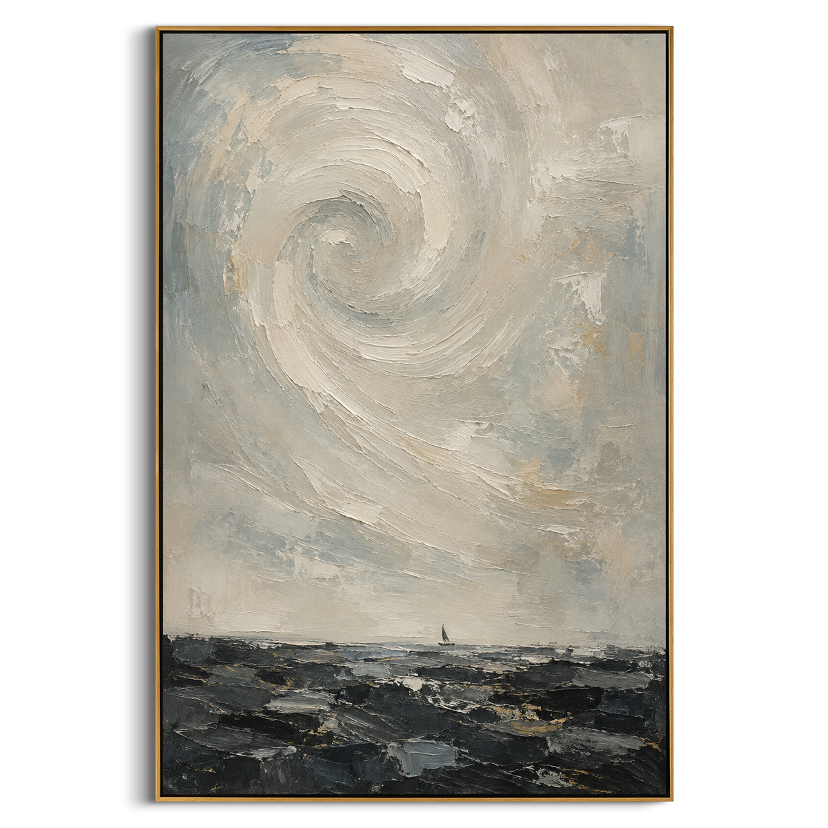 "Charybdis Whirlpool Odyssey" lifts a pale spiral over dark water, transforming the monster whirlpool into a soft but dangerous atmospheric force. The sea below remains low and blackened, while the white and blue vortex gathers above it like memory of a ship nearly swallowed. Thick circular palette-knife strokes create movement and pressure without literal illustration. This vertical seascape brings mythic tension to bathrooms, bedrooms, coastal living spaces and quiet offices, blending Homeric