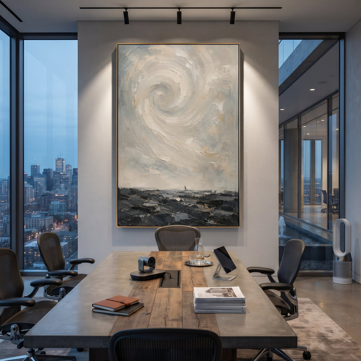 "Charybdis Whirlpool Odyssey" lifts a pale spiral over dark water, transforming the monster whirlpool into a soft but dangerous atmospheric force. The sea below remains low and blackened, while the white and blue vortex gathers above it like memory of a ship nearly swallowed. Thick circular palette-knife strokes create movement and pressure without literal illustration. This vertical seascape brings mythic tension to bathrooms, bedrooms, coastal living spaces and quiet offices, blending Homeric