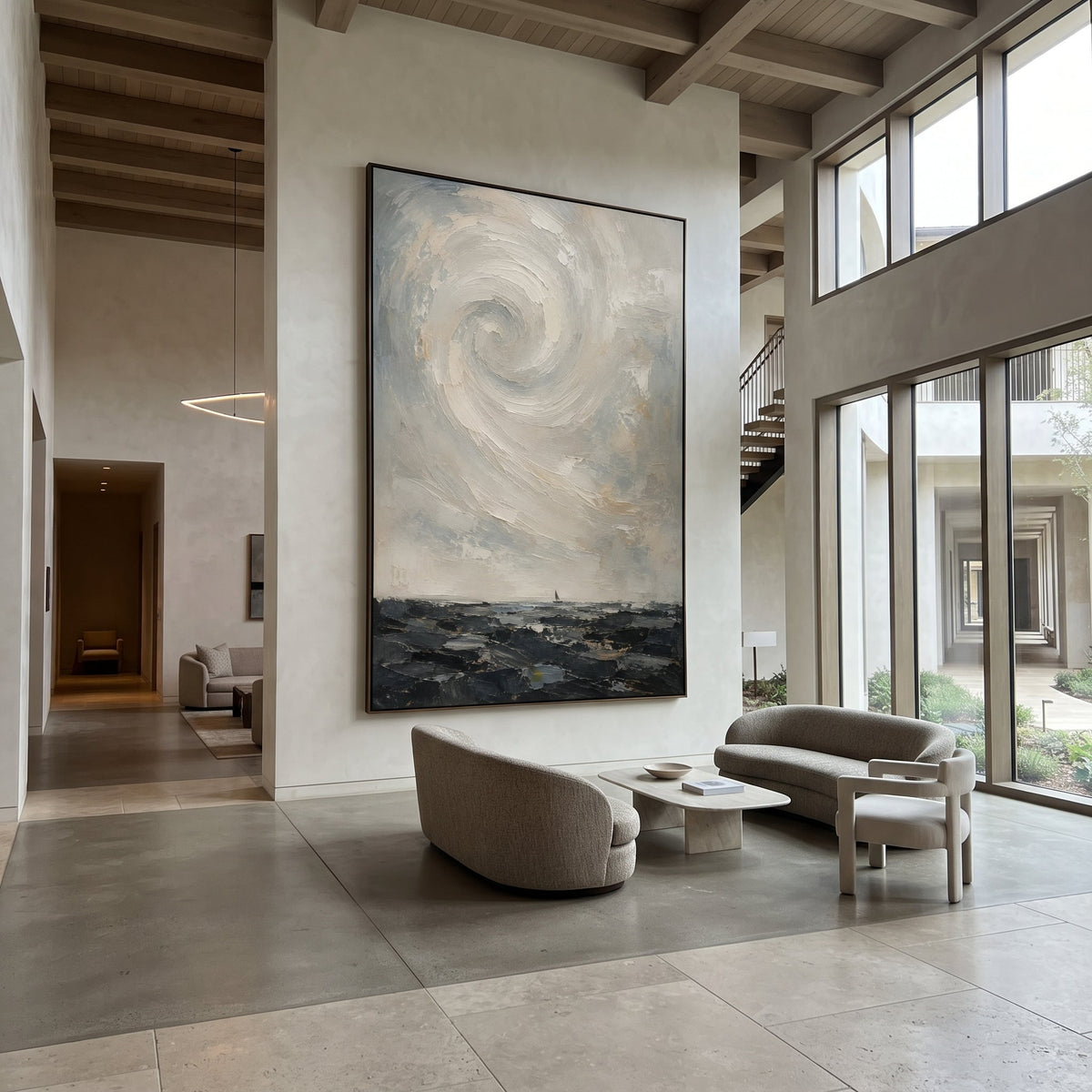 "Charybdis Whirlpool Odyssey" lifts a pale spiral over dark water, transforming the monster whirlpool into a soft but dangerous atmospheric force. The sea below remains low and blackened, while the white and blue vortex gathers above it like memory of a ship nearly swallowed. Thick circular palette-knife strokes create movement and pressure without literal illustration. This vertical seascape brings mythic tension to bathrooms, bedrooms, coastal living spaces and quiet offices, blending Homeric