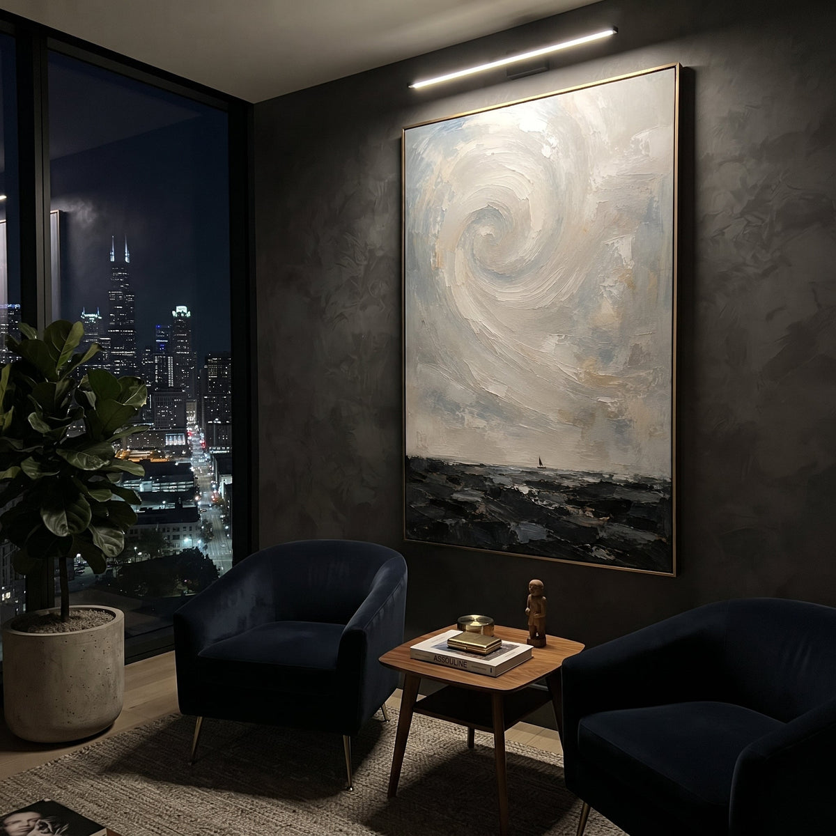 "Charybdis Whirlpool Odyssey" lifts a pale spiral over dark water, transforming the monster whirlpool into a soft but dangerous atmospheric force. The sea below remains low and blackened, while the white and blue vortex gathers above it like memory of a ship nearly swallowed. Thick circular palette-knife strokes create movement and pressure without literal illustration. This vertical seascape brings mythic tension to bathrooms, bedrooms, coastal living spaces and quiet offices, blending Homeric