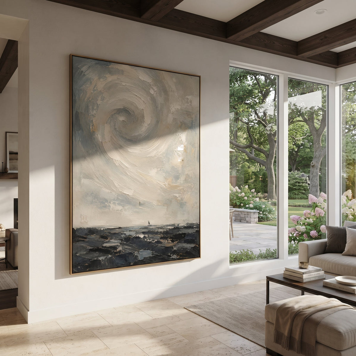 "Charybdis Whirlpool Odyssey" lifts a pale spiral over dark water, transforming the monster whirlpool into a soft but dangerous atmospheric force. The sea below remains low and blackened, while the white and blue vortex gathers above it like memory of a ship nearly swallowed. Thick circular palette-knife strokes create movement and pressure without literal illustration. This vertical seascape brings mythic tension to bathrooms, bedrooms, coastal living spaces and quiet offices, blending Homeric