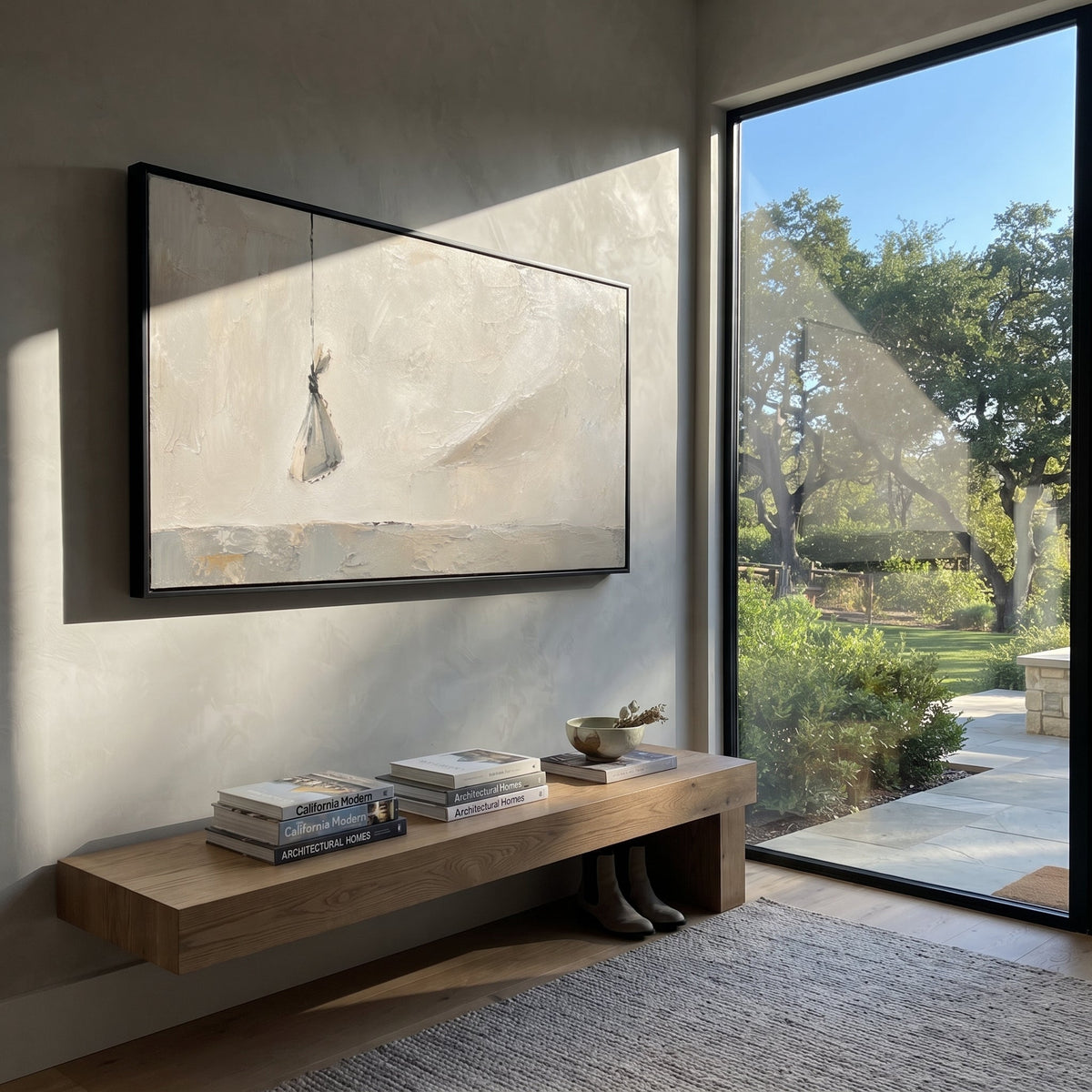 "Aeolus Wind Bag" shows a small suspended bundle drifting across a long pale horizon, recalling the bag of winds given to Odysseus and the fragile trust that was lost when it was opened. The object hangs alone, full of invisible force and consequence. White, grey and beige plaster texture makes the air feel sun-bleached, salt-worn and tense. Its panoramic layout gives the story room to breathe above sofas, beds and consoles, bringing subtle Odyssey symbolism into minimalist Mediterranean