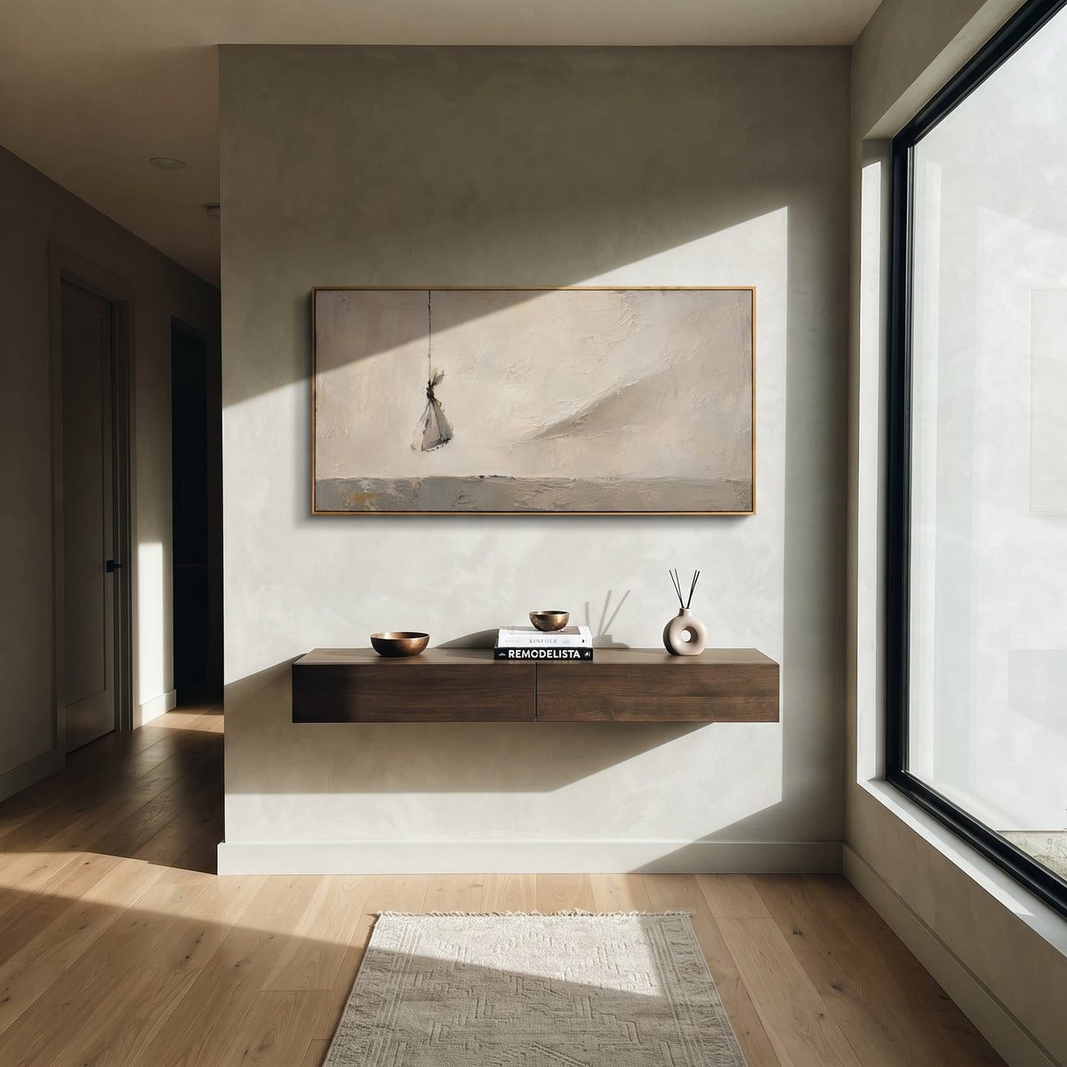 "Aeolus Wind Bag" shows a small suspended bundle drifting across a long pale horizon, recalling the bag of winds given to Odysseus and the fragile trust that was lost when it was opened. The object hangs alone, full of invisible force and consequence. White, grey and beige plaster texture makes the air feel sun-bleached, salt-worn and tense. Its panoramic layout gives the story room to breathe above sofas, beds and consoles, bringing subtle Odyssey symbolism into minimalist Mediterranean