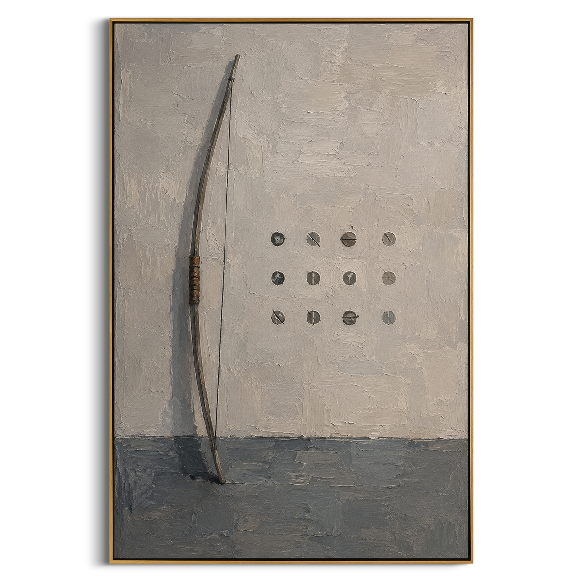 "Odysseus Bow Trial" presents a tall curved bow beside ordered target-like marks, turning the famous contest of the bow into a minimal ritual of strength, identity and return. The quiet geometry recalls the moment only Odysseus can string the weapon and reclaim his house. Grey, white and brown palette-knife texture gives the bow a carved, ancient presence. This vertical canvas is ideal for offices, studies and entryways, blending Homeric recognition with modern abstract discipline.