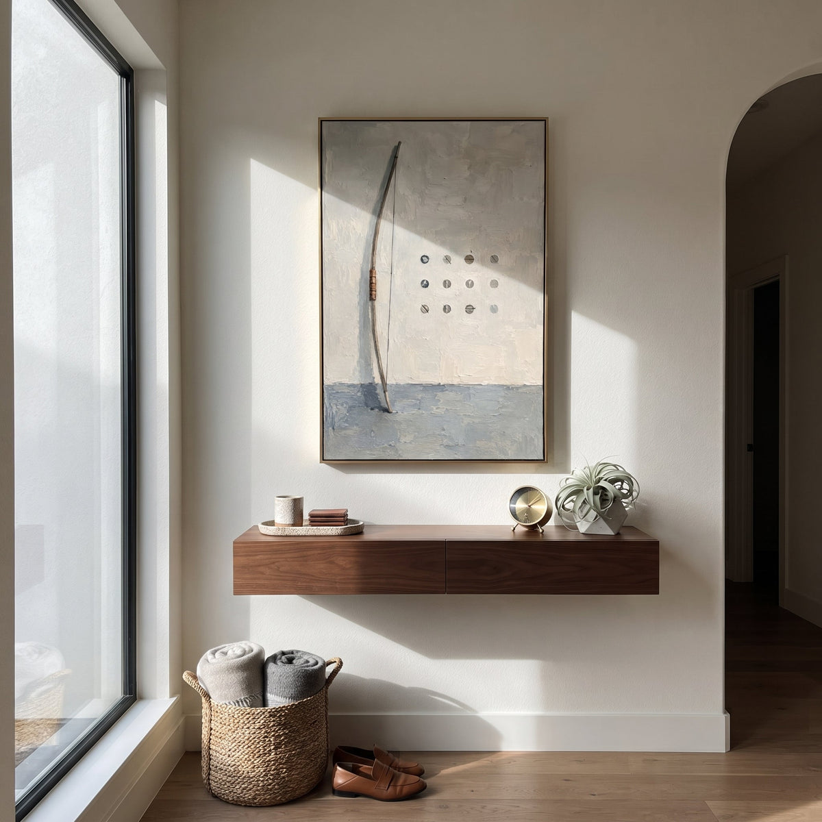"Odysseus Bow Trial" presents a tall curved bow beside ordered target-like marks, turning the famous contest of the bow into a minimal ritual of strength, identity and return. The quiet geometry recalls the moment only Odysseus can string the weapon and reclaim his house. Grey, white and brown palette-knife texture gives the bow a carved, ancient presence. This vertical canvas is ideal for offices, studies and entryways, blending Homeric recognition with modern abstract discipline.