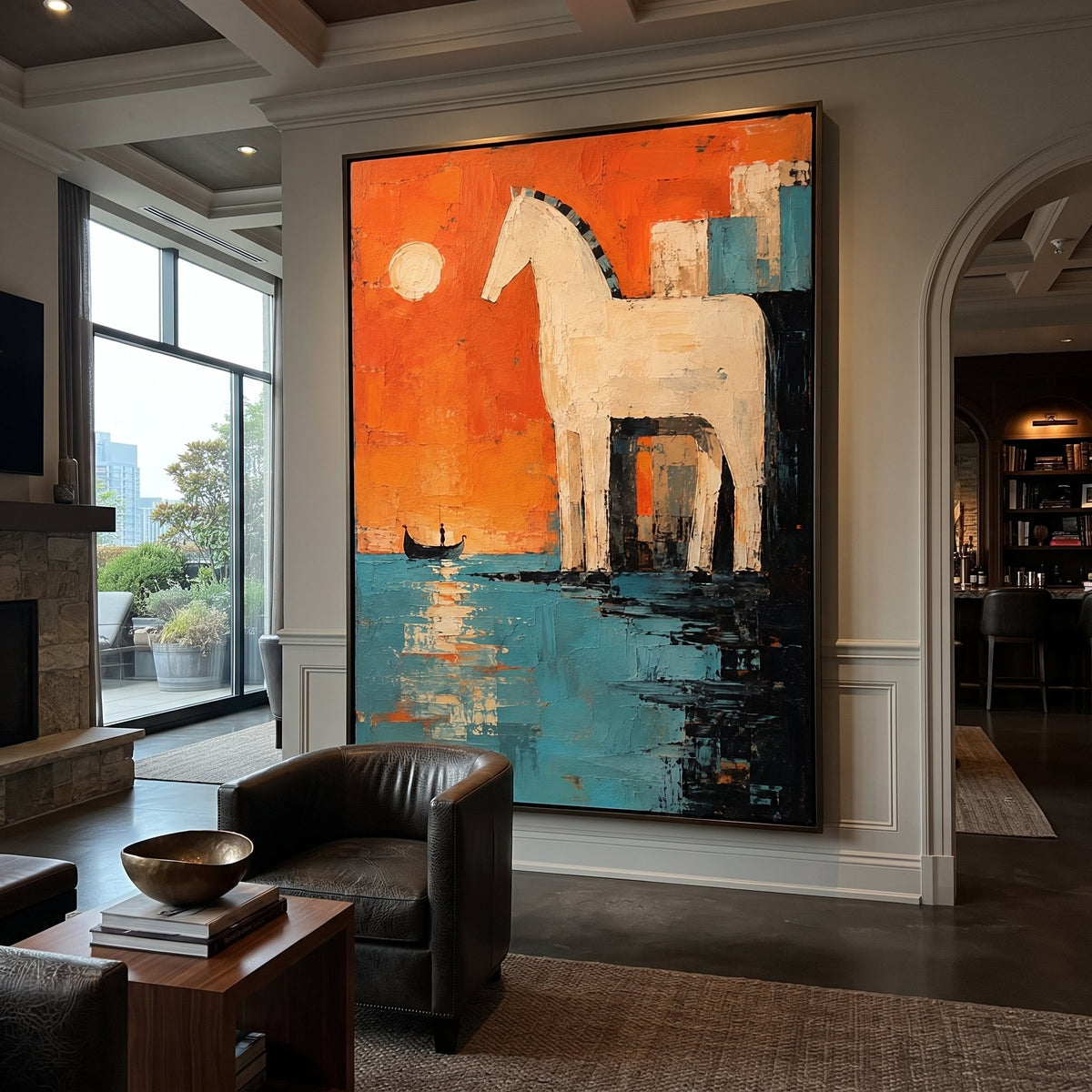"Trojan Horse Burning Harbor" retells Troy in a brighter, more blazing register, with the white horse standing against orange sky and turquoise water as a small boat waits below. The color feels celebratory at first, yet the legend underneath is deception, fire and the beginning of wandering. Thick saturated impasto makes the horse bold and iconic. This vertical work brings vivid Mediterranean myth energy to bohemian living rooms, dining areas and vacation homes, pairing classical drama with