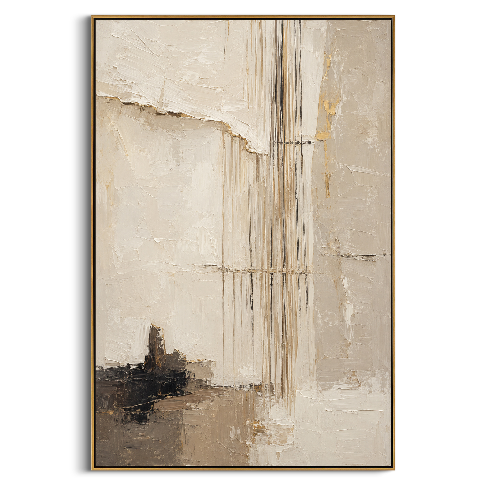 "Odysseus Ship Ropes" turns rigging, cords and pale sail-like planes into an abstract memory of the ship that carries the hero between islands. The thin vertical lines feel tense, as if holding wind, fate and crew together over a small dark shore. White, beige and black plaster layers create a quiet architectural surface with nautical restraint. This vertical canvas suits minimalist bedrooms, offices and entryways, bringing seafaring Odyssey symbolism into a clean wabi-sabi language.