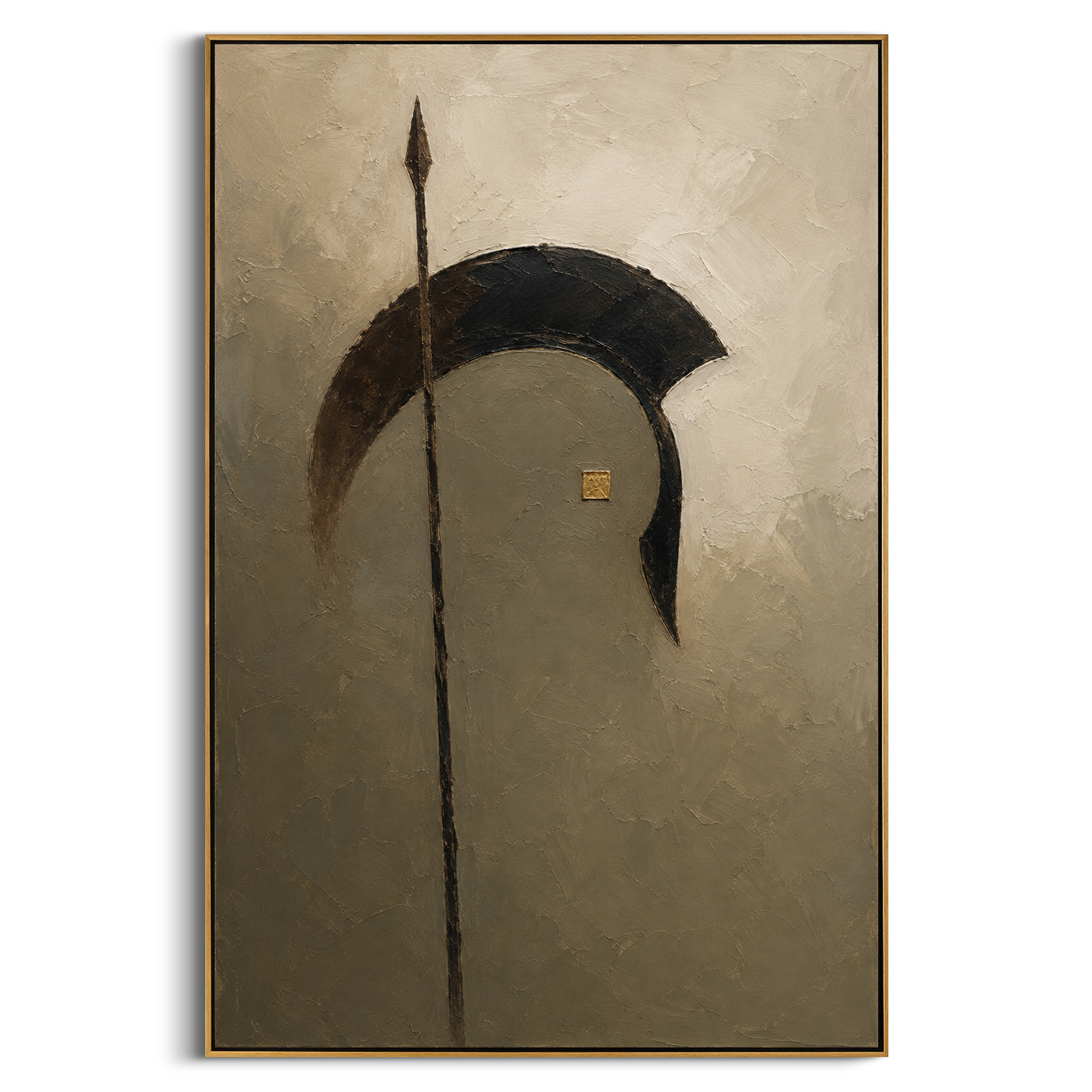 "Odysseus Shield And Spear" sets a dark shield form and tall spear against olive-toned ground, turning the returning warrior into an emblem rather than a figure. The small golden accent feels like a hidden seal of identity, a quiet sign before recognition. Green, black and golden impasto gives the vertical canvas a ceremonial weight. It brings classical Mediterranean strength to studies, entryways and living rooms, blending Odyssey hero symbolism with restrained modern heavy texture.