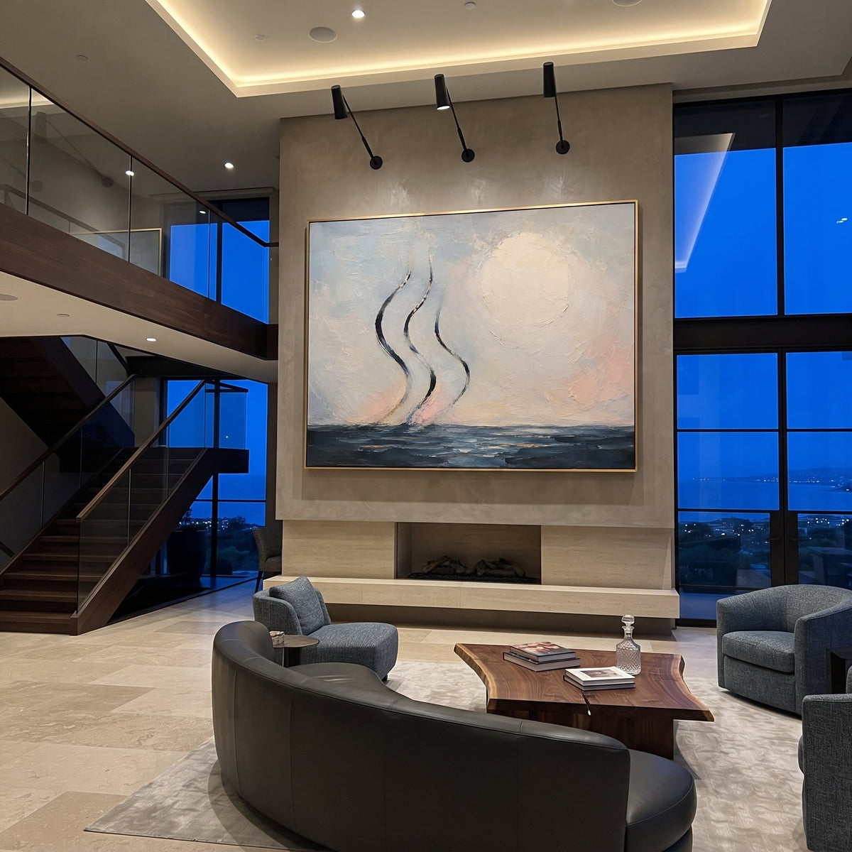 "Aeolus Winds Over The Sea" makes the invisible force of the winds visible as three dark ribbons rising over a pale blue horizon. The sea remains calm, but the air carries the story: favor from the wind keeper, human impatience and the sudden loss of the route home. Blue, white and pink palette-knife texture creates a breezy, luminous surface. This horizontal canvas brings soft Homeric movement to bedrooms, coastal living rooms and vacation homes, pairing abstract seascape poetry with handmade