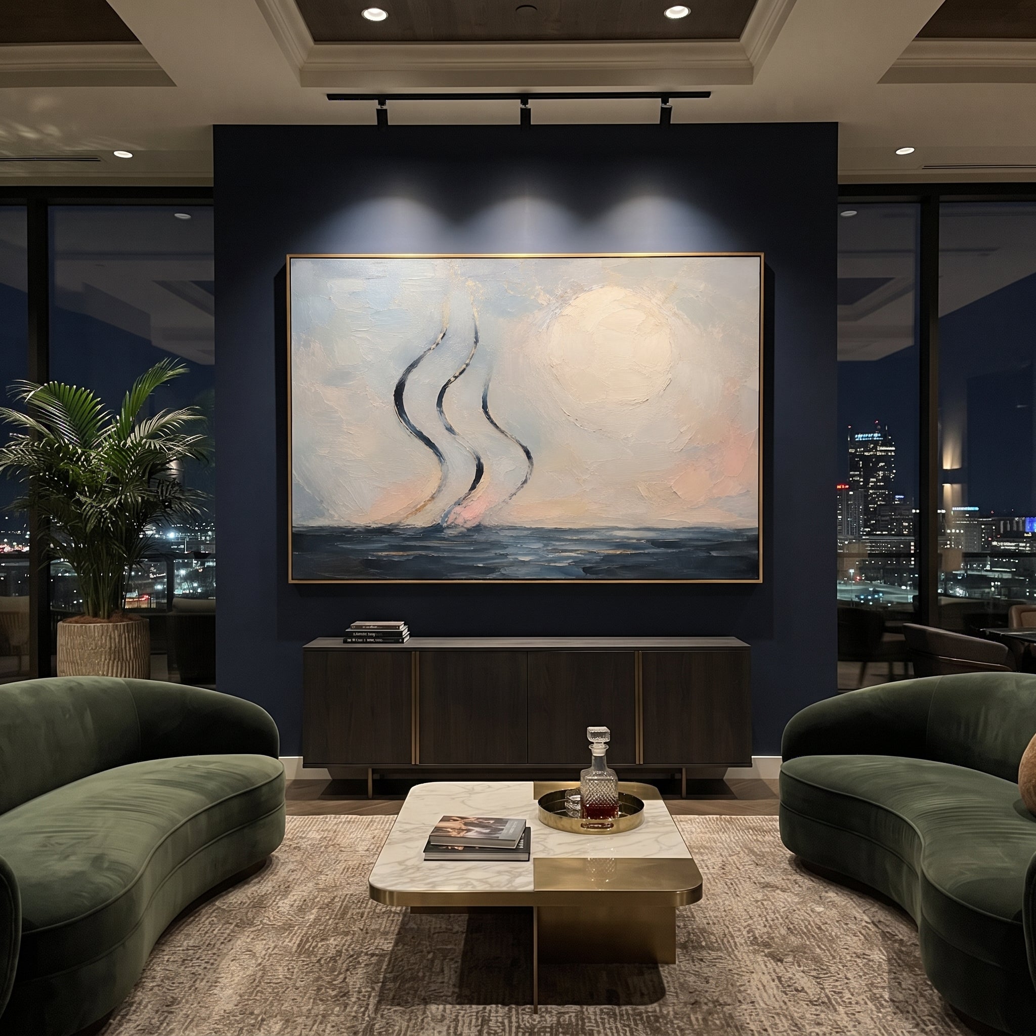 "Aeolus Winds Over The Sea" makes the invisible force of the winds visible as three dark ribbons rising over a pale blue horizon. The sea remains calm, but the air carries the story: favor from the wind keeper, human impatience and the sudden loss of the route home. Blue, white and pink palette-knife texture creates a breezy, luminous surface. This horizontal canvas brings soft Homeric movement to bedrooms, coastal living rooms and vacation homes, pairing abstract seascape poetry with handmade