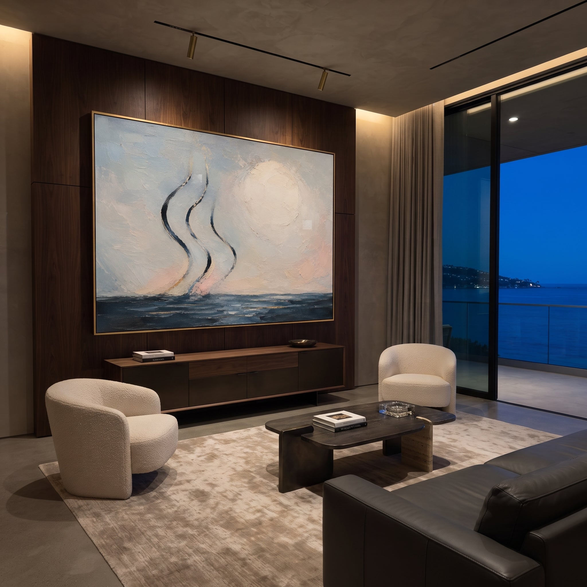 "Aeolus Winds Over The Sea" makes the invisible force of the winds visible as three dark ribbons rising over a pale blue horizon. The sea remains calm, but the air carries the story: favor from the wind keeper, human impatience and the sudden loss of the route home. Blue, white and pink palette-knife texture creates a breezy, luminous surface. This horizontal canvas brings soft Homeric movement to bedrooms, coastal living rooms and vacation homes, pairing abstract seascape poetry with handmade