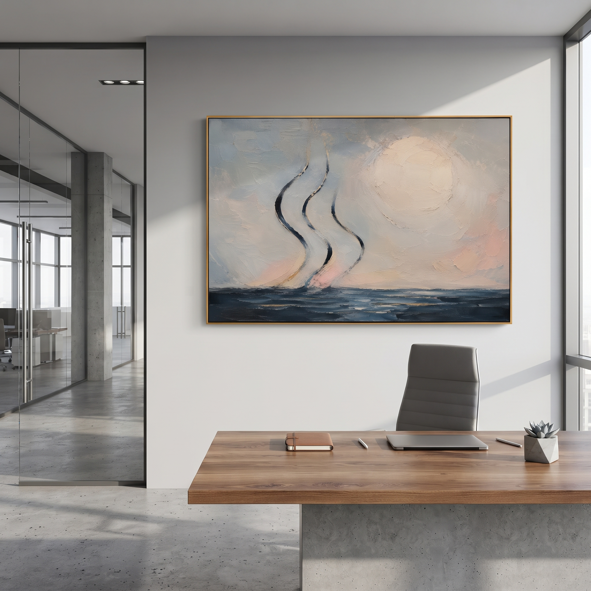 "Aeolus Winds Over The Sea" makes the invisible force of the winds visible as three dark ribbons rising over a pale blue horizon. The sea remains calm, but the air carries the story: favor from the wind keeper, human impatience and the sudden loss of the route home. Blue, white and pink palette-knife texture creates a breezy, luminous surface. This horizontal canvas brings soft Homeric movement to bedrooms, coastal living rooms and vacation homes, pairing abstract seascape poetry with handmade