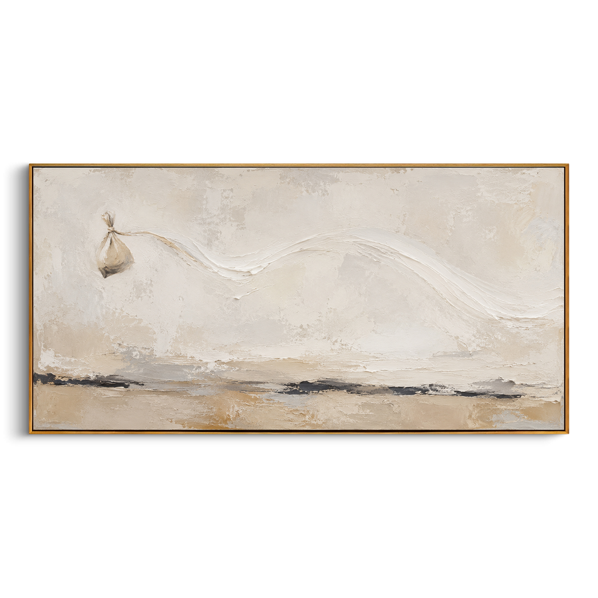 "Aeolus Wind Bag At Sea" follows a small tied bundle pulled across a quiet horizon, directly recalling the sealed winds that could have brought Odysseus home. The empty space around it turns the object into a story of trust, temptation and a voyage blown off course. White, beige and grey impasto feels salt-worn and sunlit, with subtle movement across the long field. This panoramic work suits sofas, beds and consoles, bringing understated Odyssey narrative to minimalist coastal interiors.