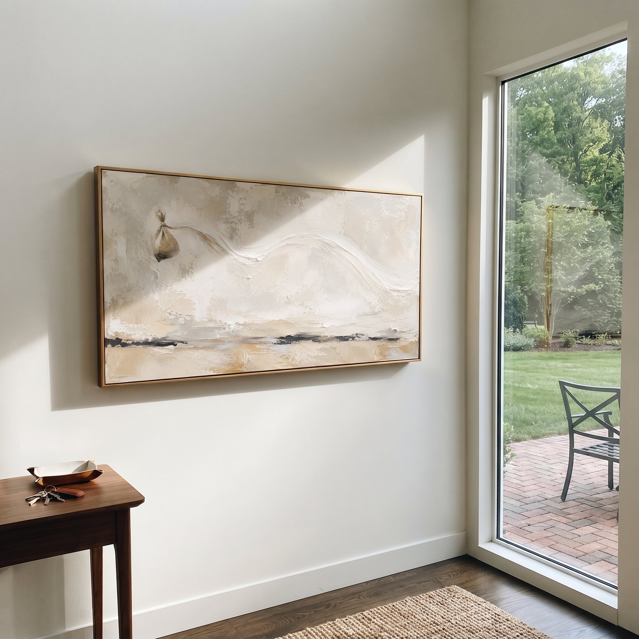 "Aeolus Wind Bag At Sea" follows a small tied bundle pulled across a quiet horizon, directly recalling the sealed winds that could have brought Odysseus home. The empty space around it turns the object into a story of trust, temptation and a voyage blown off course. White, beige and grey impasto feels salt-worn and sunlit, with subtle movement across the long field. This panoramic work suits sofas, beds and consoles, bringing understated Odyssey narrative to minimalist coastal interiors.