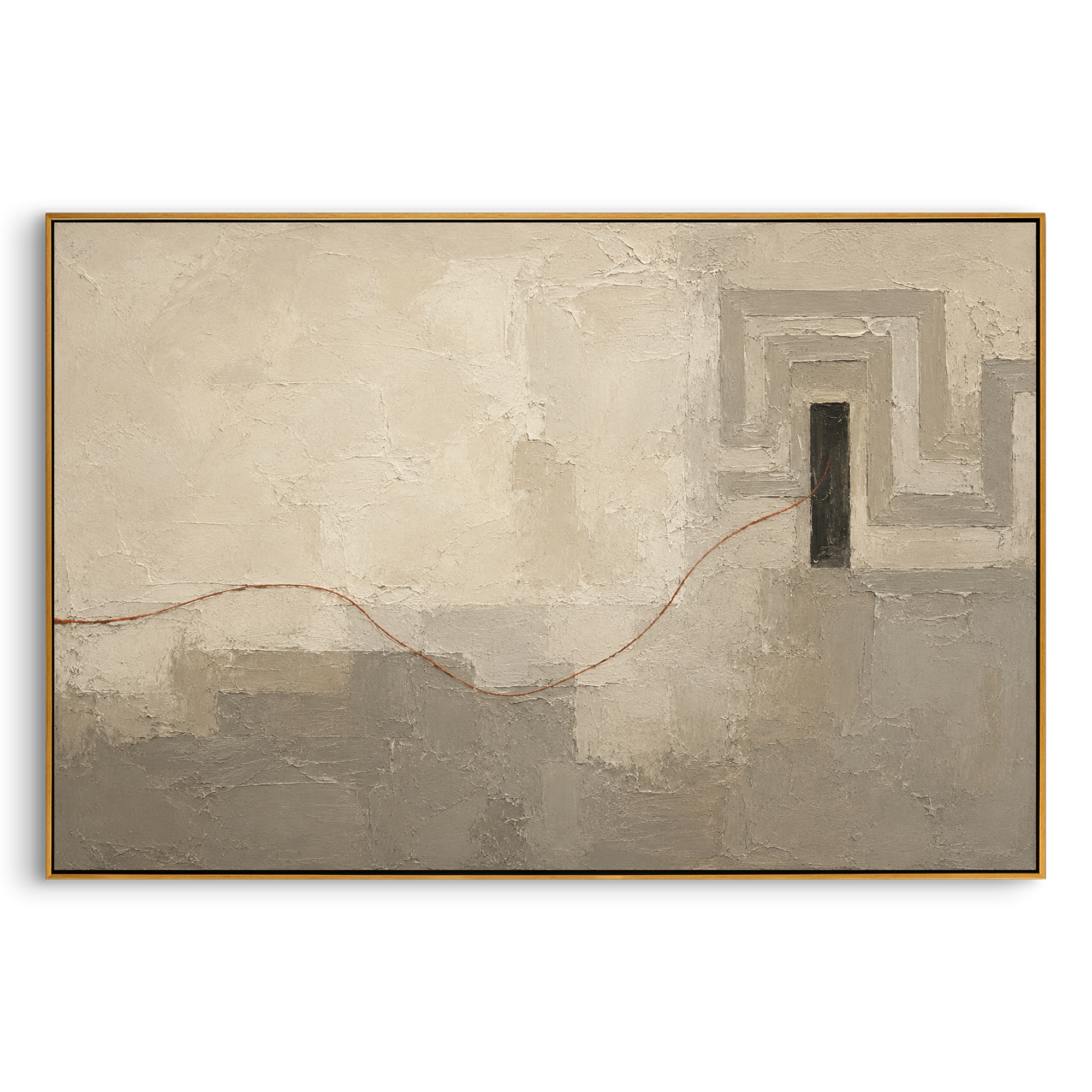 "Ariadne Thread To Ithaca Door" borrows the Greek labyrinth symbol and bends it toward Odysseus return: a red thread travels across a pale landscape toward a distant geometric doorway, suggesting the fragile path back through disguise, memory and home. White and grey plaster gives the scene ancient calm while the red line holds human urgency. This horizontal canvas suits hallways, offices, entry spaces and living rooms, blending mythic navigation with refined Mediterranean minimalism.