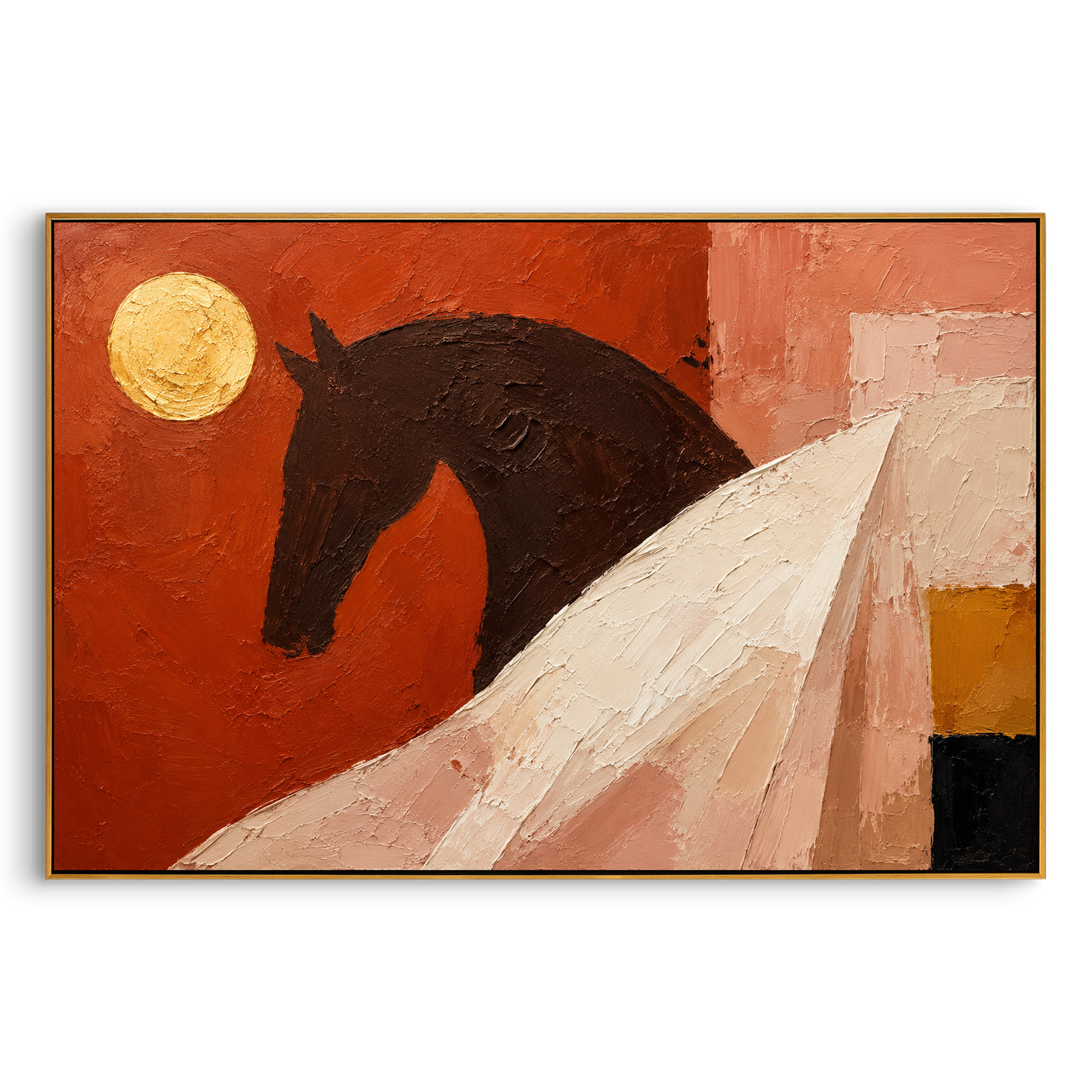 "Trojan Horse Under Red Moon" darkens the horse into a powerful silhouette beneath a golden moon and red-pink sky, with a white sail-like form cutting across the foreground. It feels like the night between victory and voyage, when Troy has fallen but Odysseus fate has only begun. Thick saturated paint creates bold tactile drama for contemporary bohemian and Mediterranean interiors. Its horizontal composition delivers a strong mythic focal point above sofas, beds and dining tables.